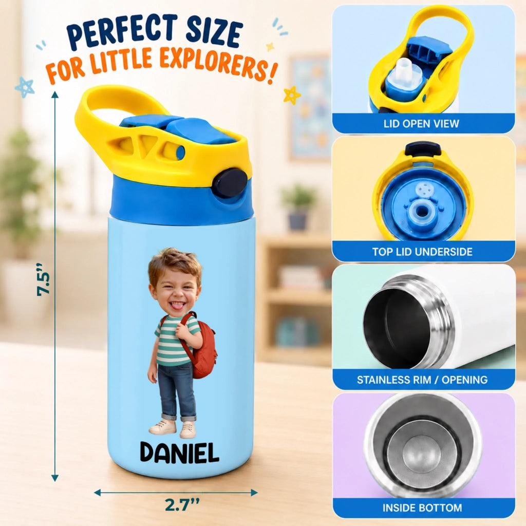 Custom Photo Kids Insulated Water Bottle - Personalized Back To School Gifts For Kids - Adventure Starts Here