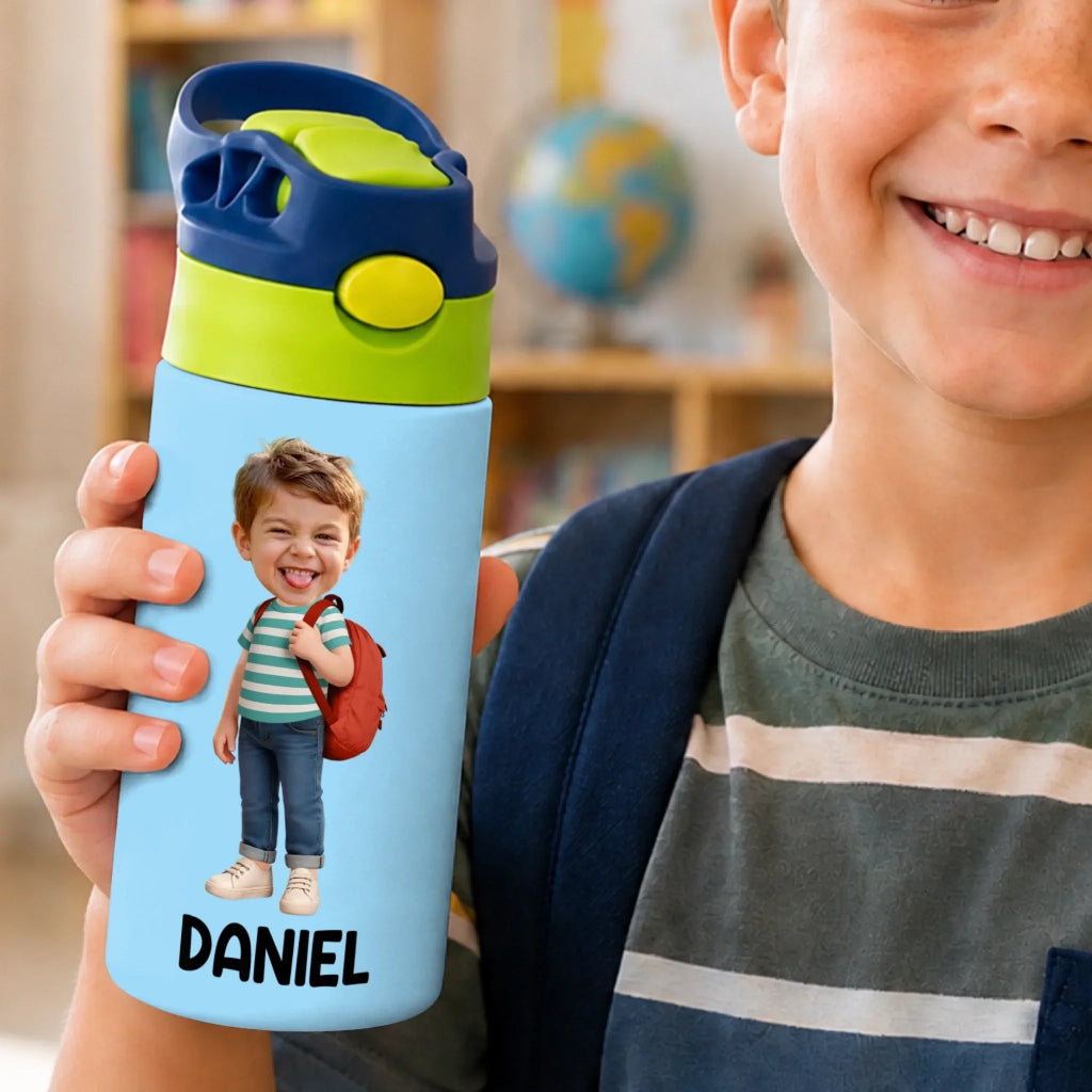 Custom Photo Kids Insulated Water Bottle - Personalized Back To School Gifts For Kids - Adventure Starts Here