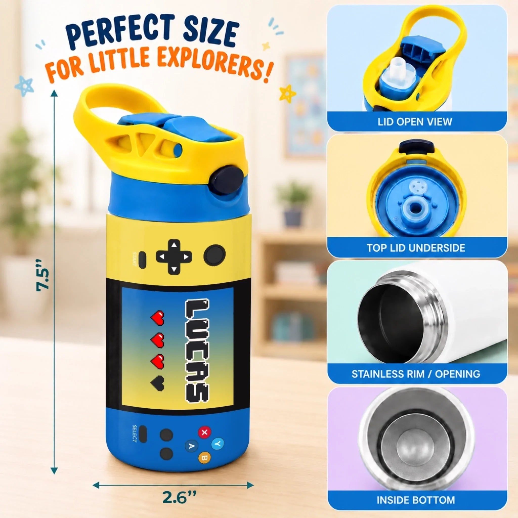 Custom Kids Insulated Water Bottle - Personalized Back To School Gifts For Kids - Level Up Fun