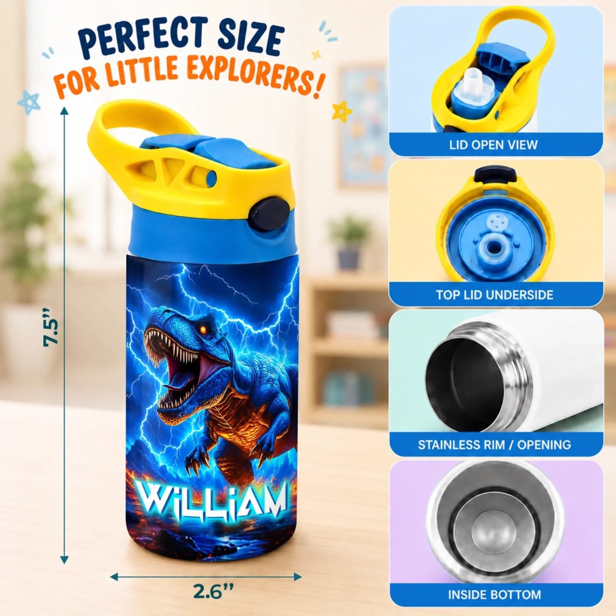 Custom Kids Insulated Water Bottle - Personalized Back To School Gifts For Kids - Roar Into Adventure