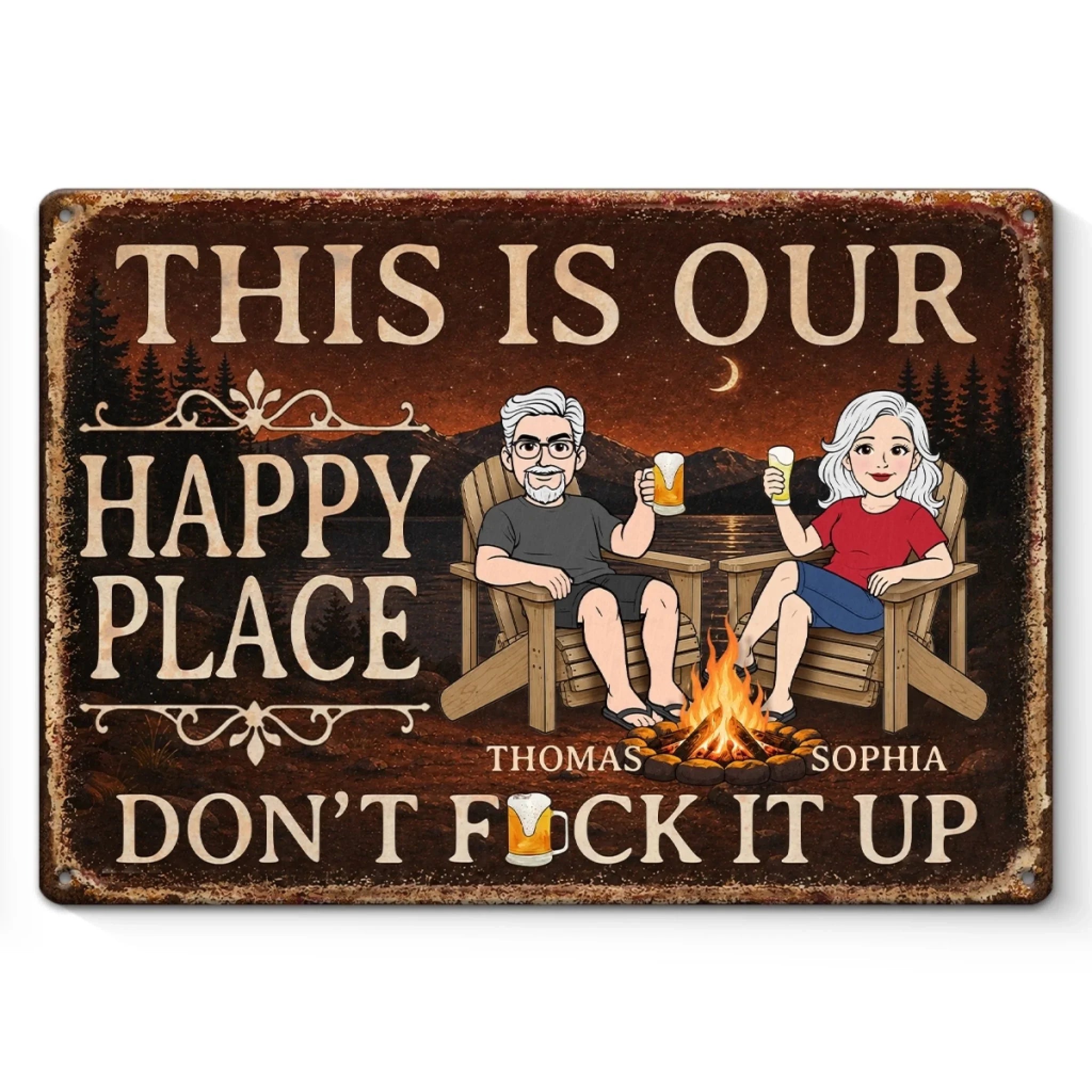 Custom Home Decor Metal Sign - Personalized  Summer Vacation And Travel Gifts For Husband And Wife, Him And Her - Campfire, Drinks And My Person