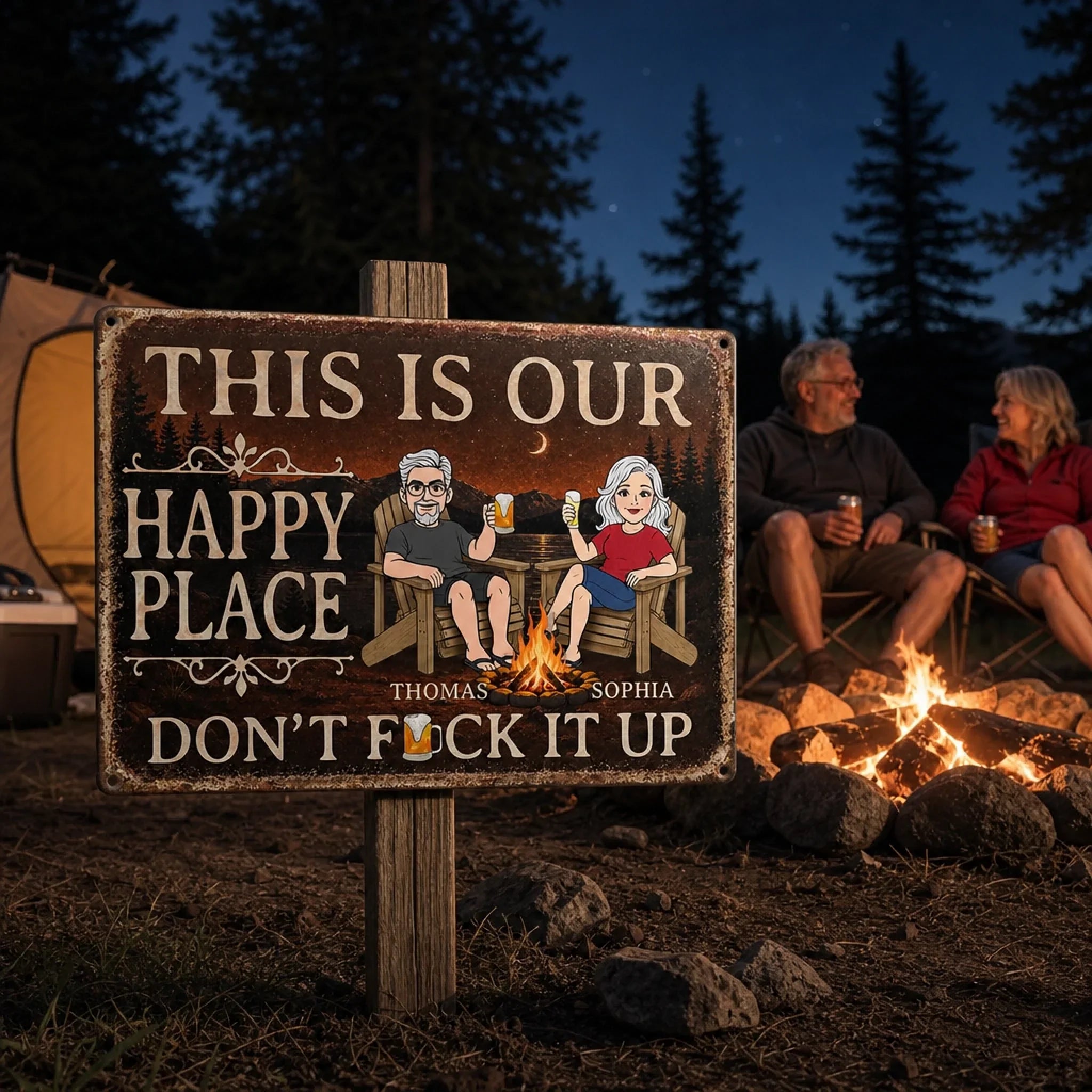 Custom Home Decor Metal Sign - Personalized  Summer Vacation And Travel Gifts For Husband And Wife, Him And Her - Campfire, Drinks And My Person
