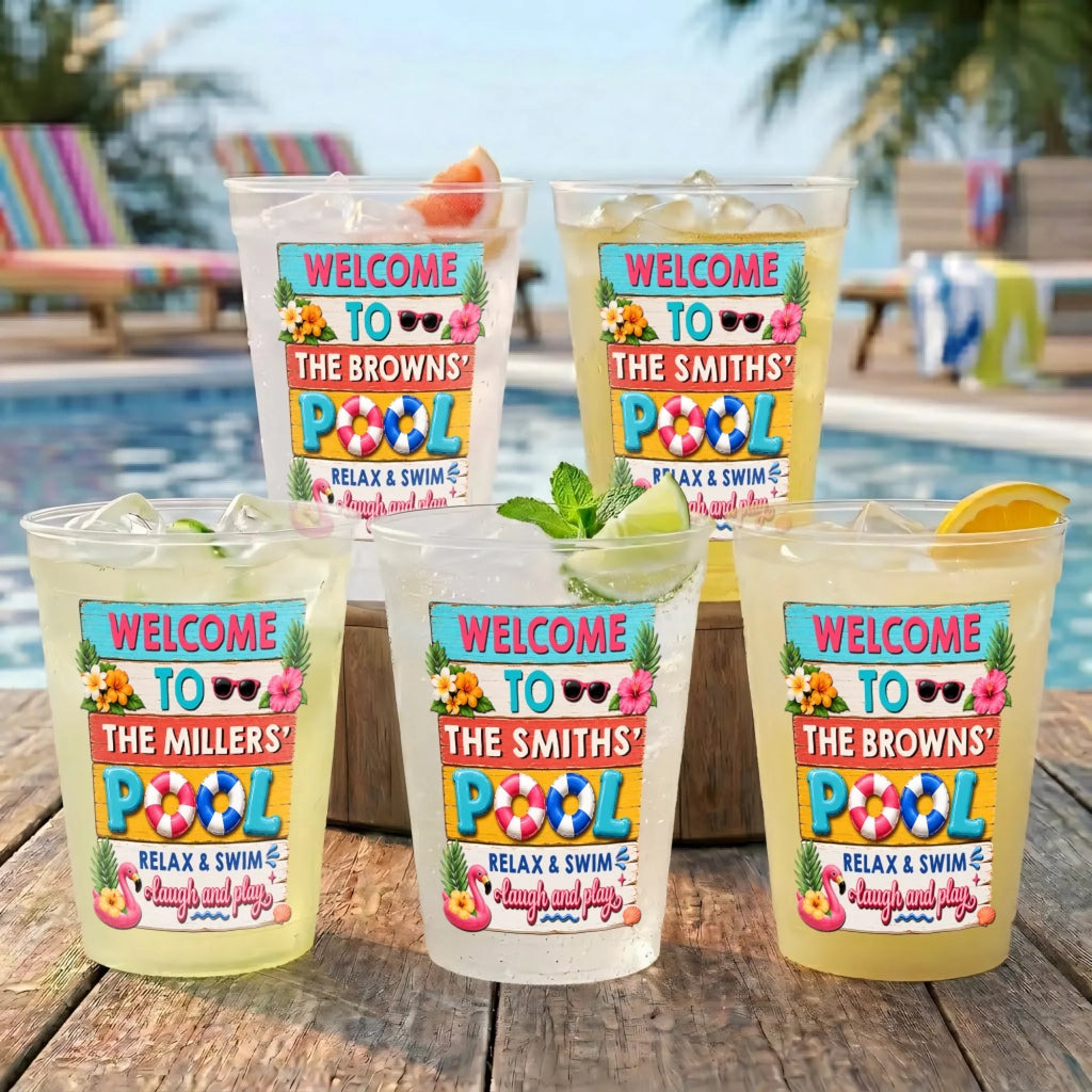 Custom Poolside Party Cups - Personalized Summer Vacation And Travel Gifts For Best Friends, Family - Cheers By The Pool