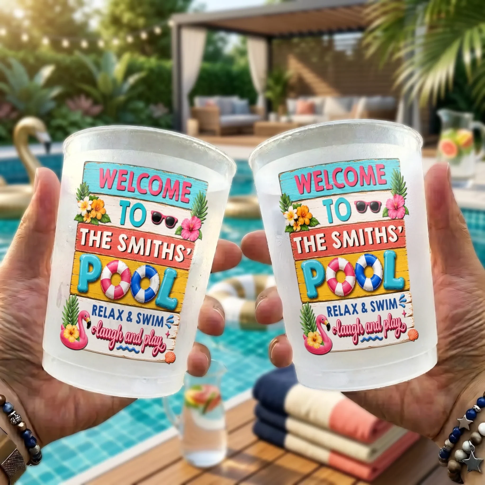 Custom Poolside Party Cups - Personalized Summer Vacation And Travel Gifts For Best Friends, Family - Cheers By The Pool