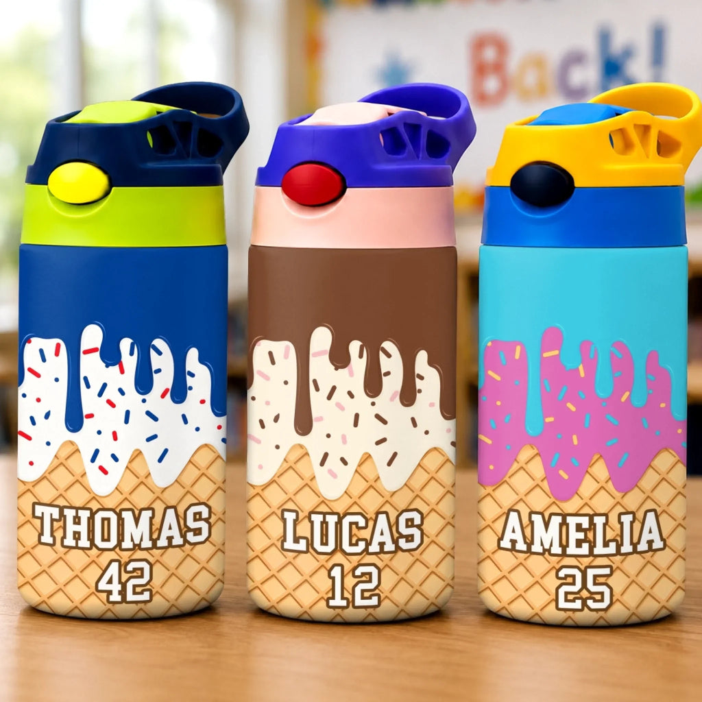 Custom Kids Insulated Water Bottle - Personalized Back To School Gifts For Kids - Loving Ice Cream Cone