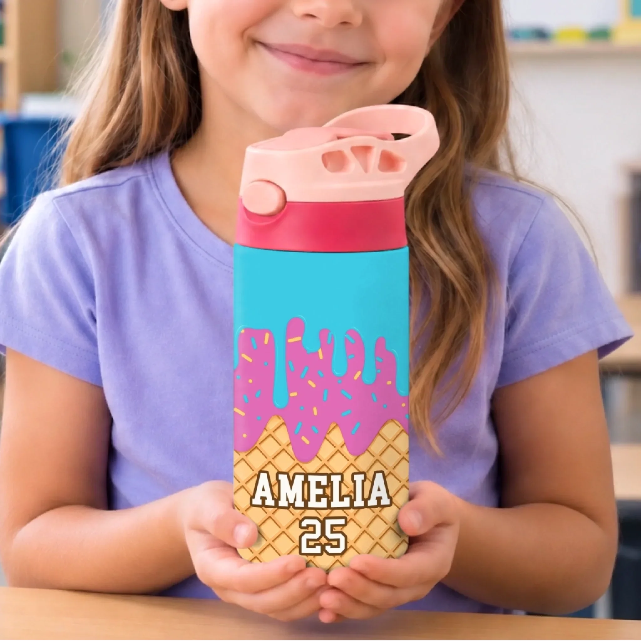 Custom Kids Insulated Water Bottle - Personalized Back To School Gifts For Kids - Loving Ice Cream Cone
