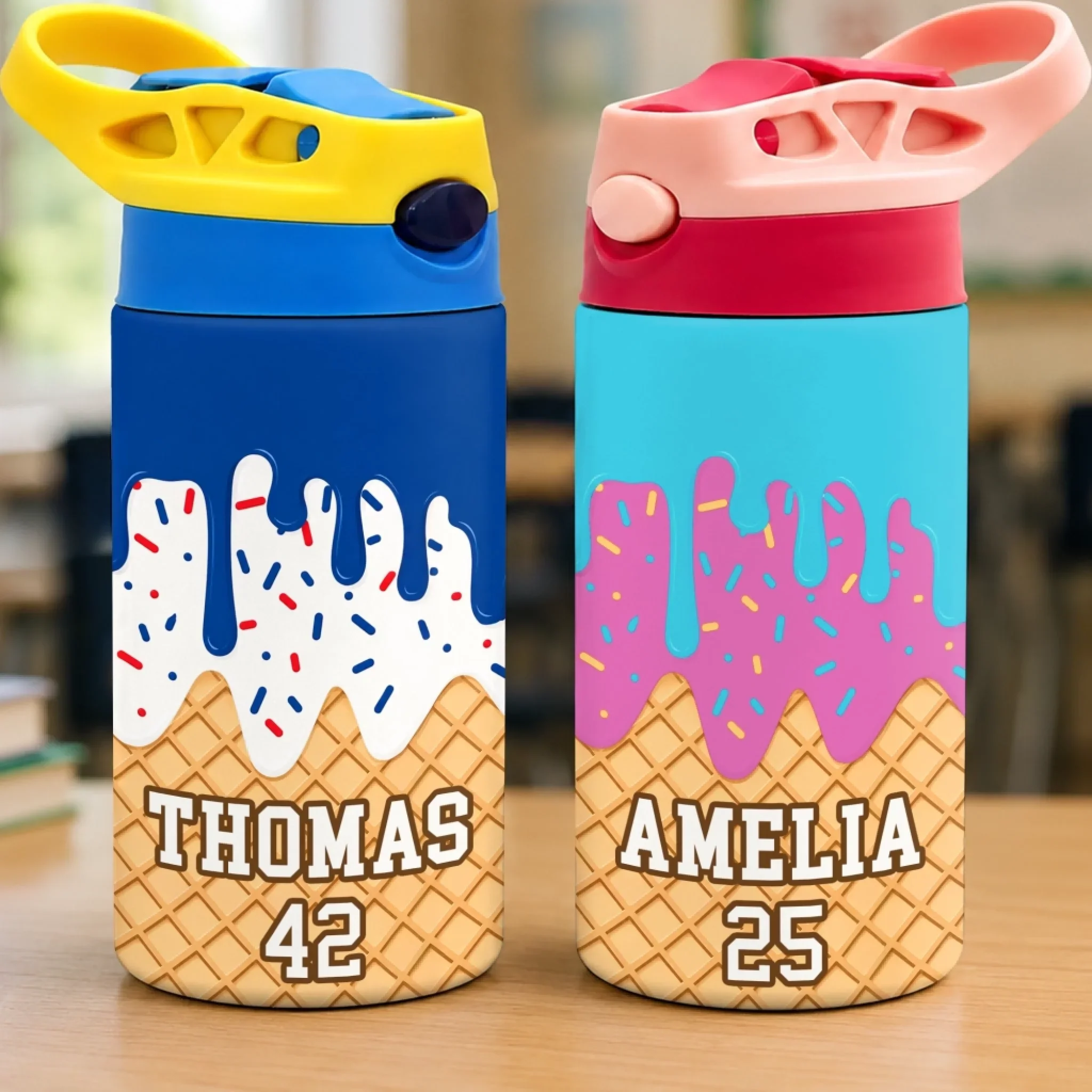 Custom Kids Insulated Water Bottle - Personalized Back To School Gifts For Kids - Loving Ice Cream Cone