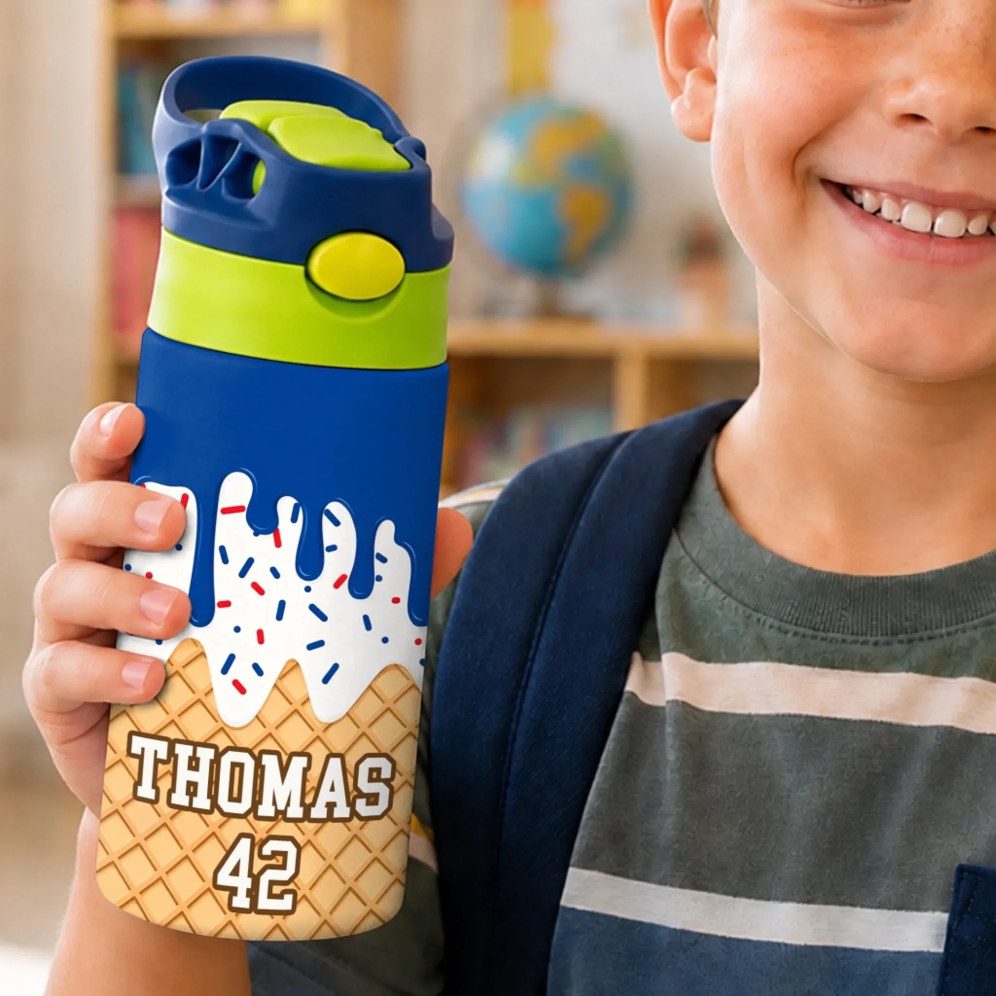 Custom Kids Insulated Water Bottle - Personalized Back To School Gifts For Kids - Loving Ice Cream Cone