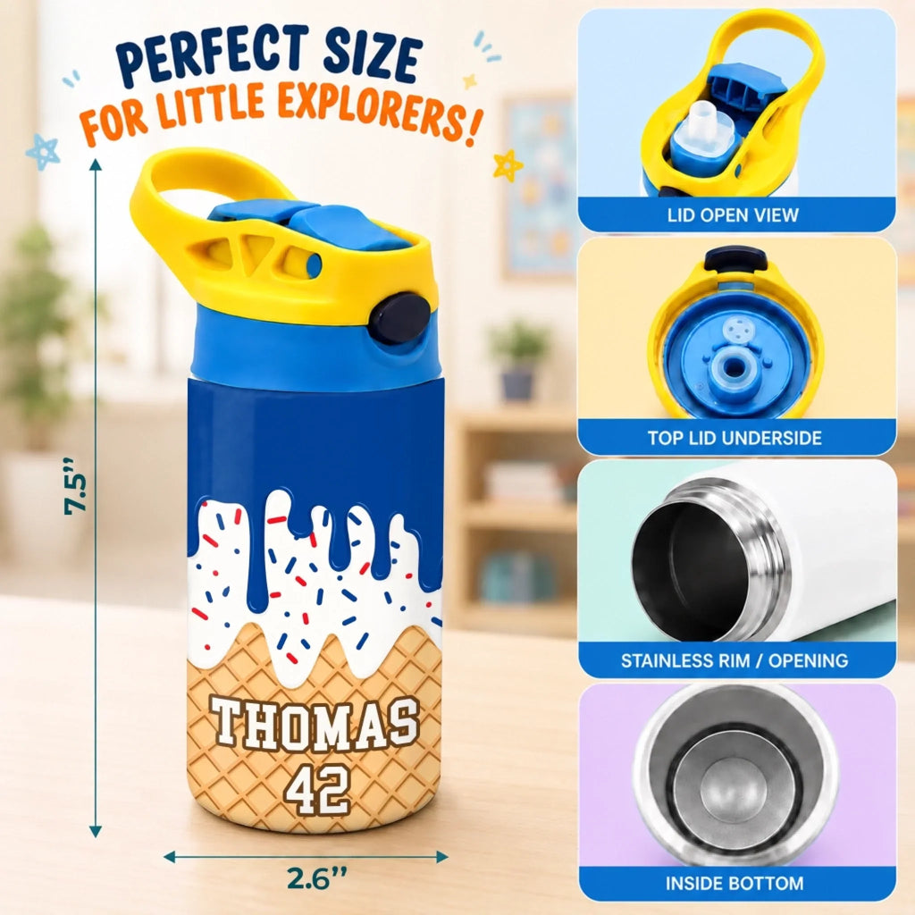 Custom Kids Insulated Water Bottle - Personalized Back To School Gifts For Kids - Loving Ice Cream Cone