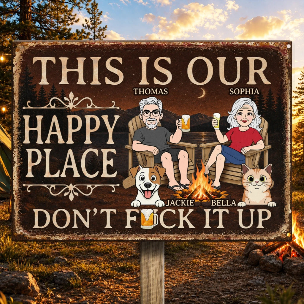 Custom Home Decor Metal Sign - Personalized  Anniversary Wedding Camping Gifts For Campers, Husband And Wife, Dog Cat Lovers - Campfires, Drinks And Furry Chaos