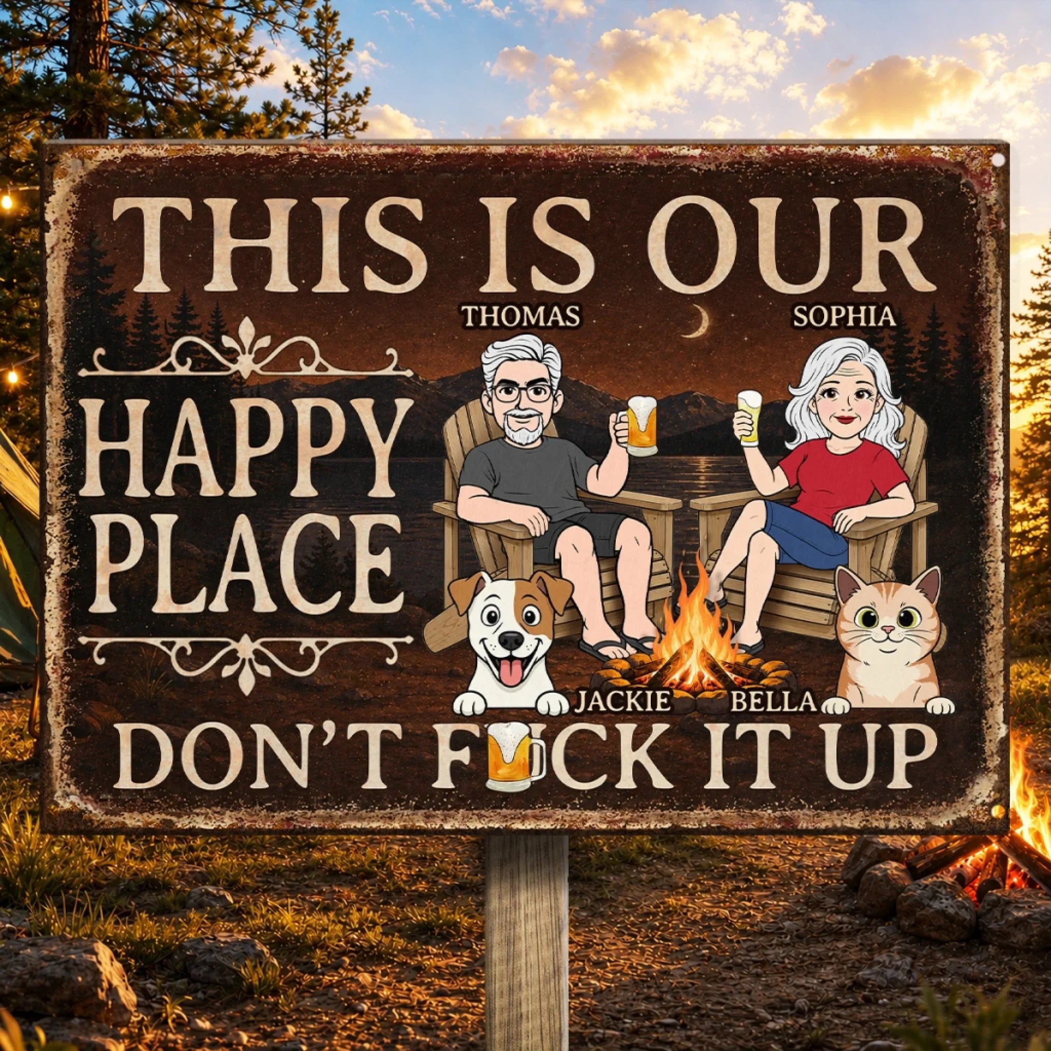 Custom Home Decor Metal Sign - Personalized  Anniversary Wedding Camping Gifts For Campers, Husband And Wife, Dog Cat Lovers - Campfires, Drinks And Furry Chaos