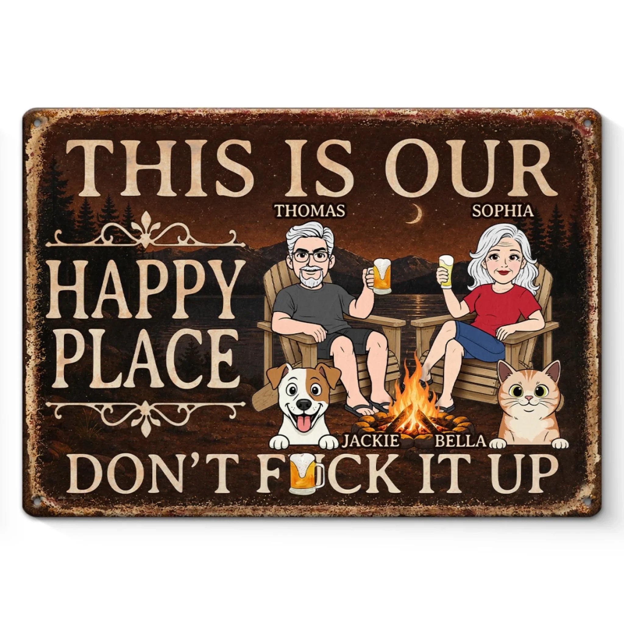 Custom Home Decor Metal Sign - Personalized  Anniversary Wedding Camping Gifts For Campers, Husband And Wife, Dog Cat Lovers - Campfires, Drinks And Furry Chaos