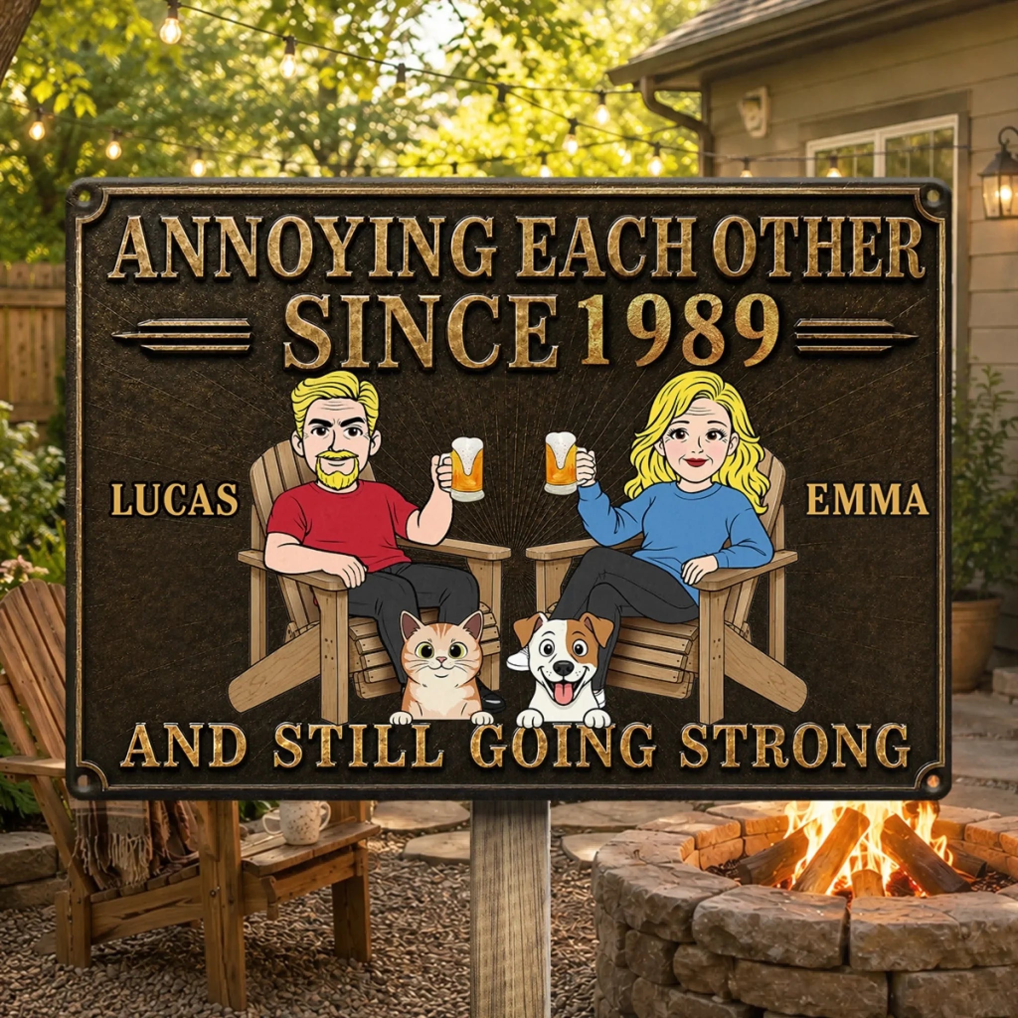 Custom Home Decor Metal Sign - Personalized  Anniversary Wedding Camping Gifts For Campers, Husband And Wife, Dog Cat Lovers - Cheers To Annoying You Forever
