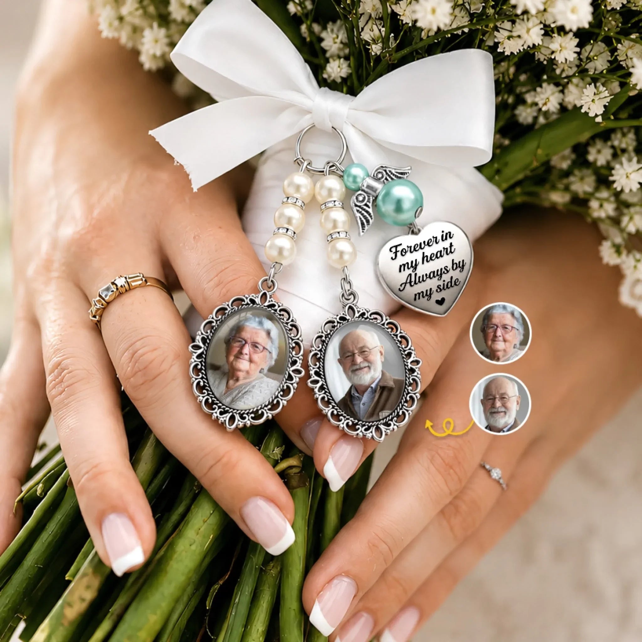 Custom Photo Bouquet Charm - Personalized Memorial Sympathy Gifts For Brides - Walking With Angels Today