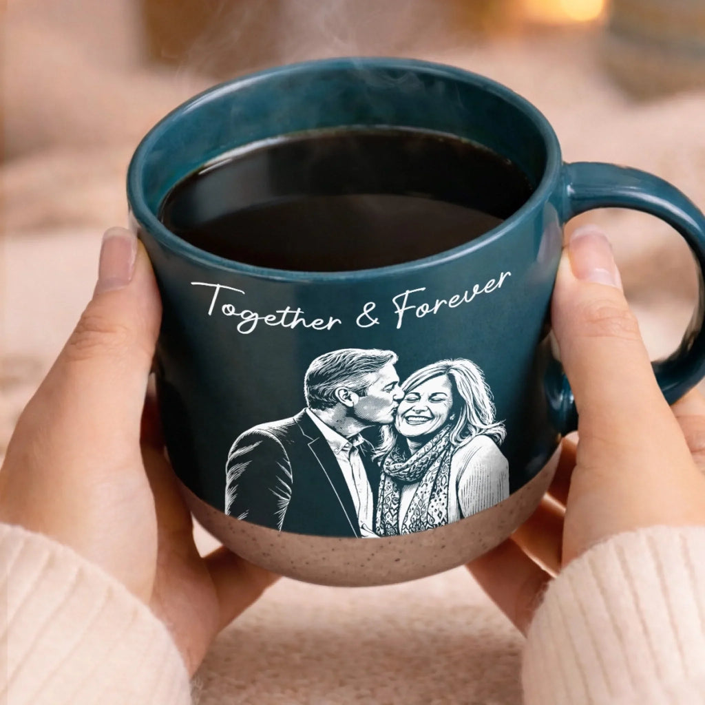 Custom Photo Pottery Mug - Personalized Anniversary Wedding Gifts For Husband And Wife, Him And Her - A Rustic Touch Of Love