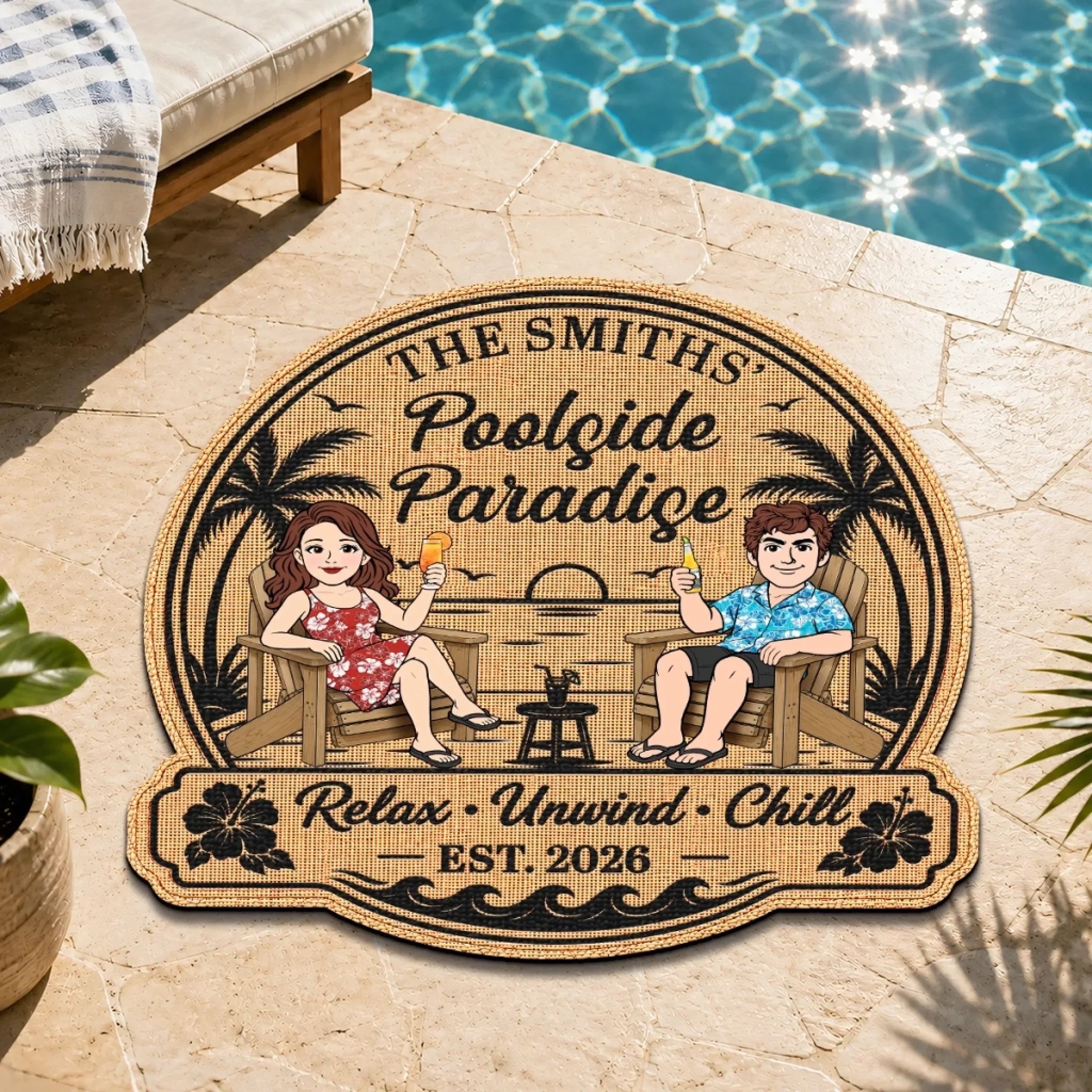 Custom Poolside Shaped Doormat - Personalized Summer Vacation And Travel Gifts For Husband And Wife, Him And Her - Home Sweet Poolside Home