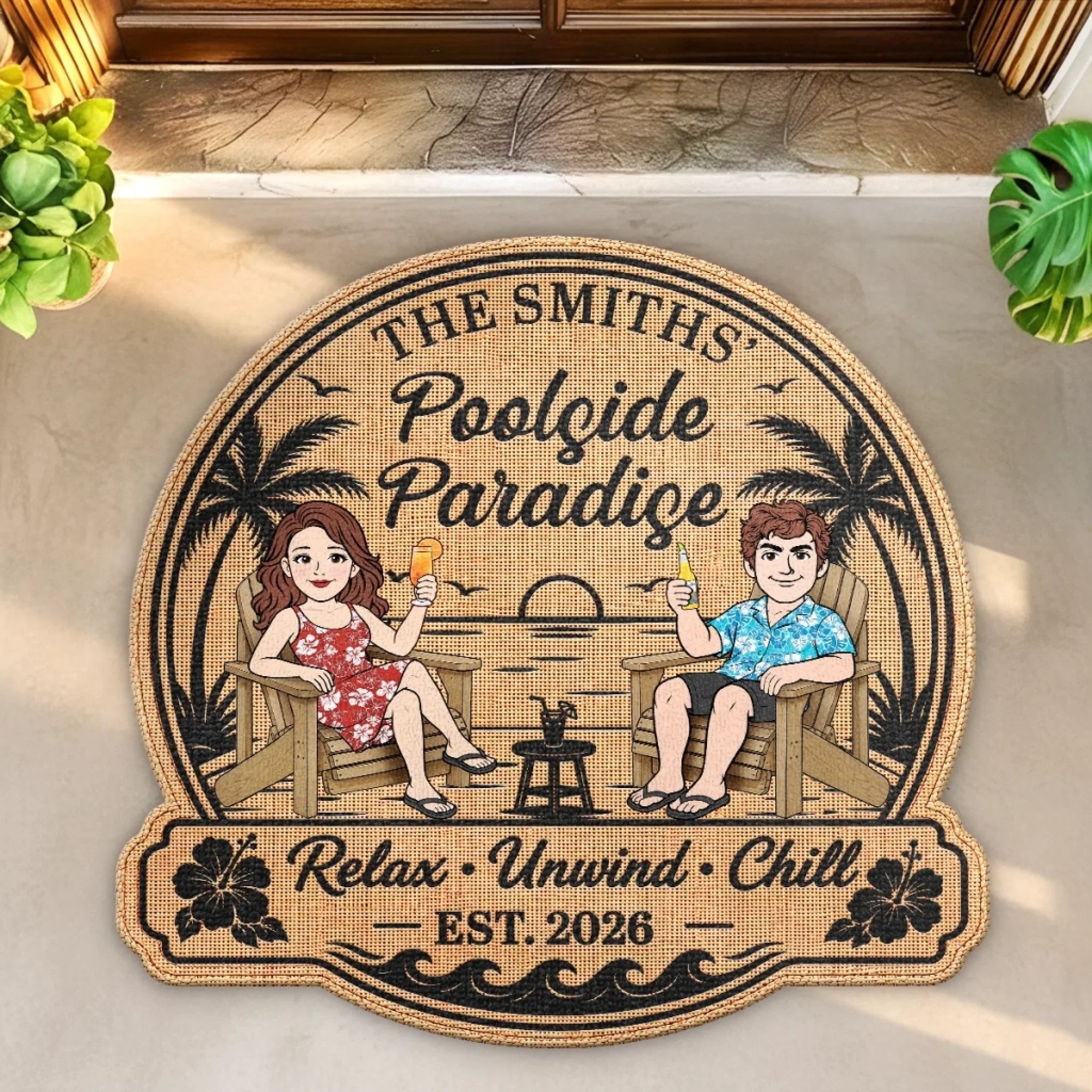 Custom Poolside Shaped Doormat - Personalized Summer Vacation And Travel Gifts For Husband And Wife, Him And Her - Home Sweet Poolside Home
