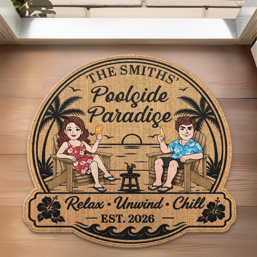 Custom Poolside Shaped Doormat - Personalized Summer Vacation And Travel Gifts For Husband And Wife, Him And Her - Home Sweet Poolside Home