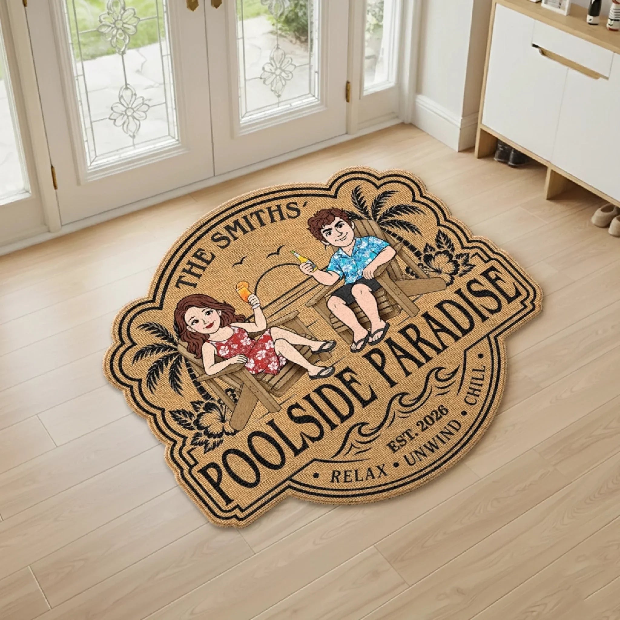 Custom Poolside Shaped Doormat - Personalized Summer Vacation And Travel Gifts For Husband And Wife, Him And Her - Chasing Pool Days Together