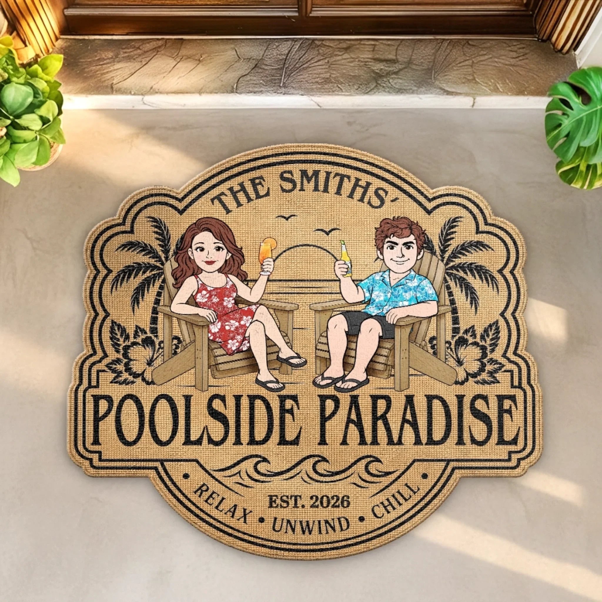Custom Poolside Shaped Doormat - Personalized Summer Vacation And Travel Gifts For Husband And Wife, Him And Her - Chasing Pool Days Together