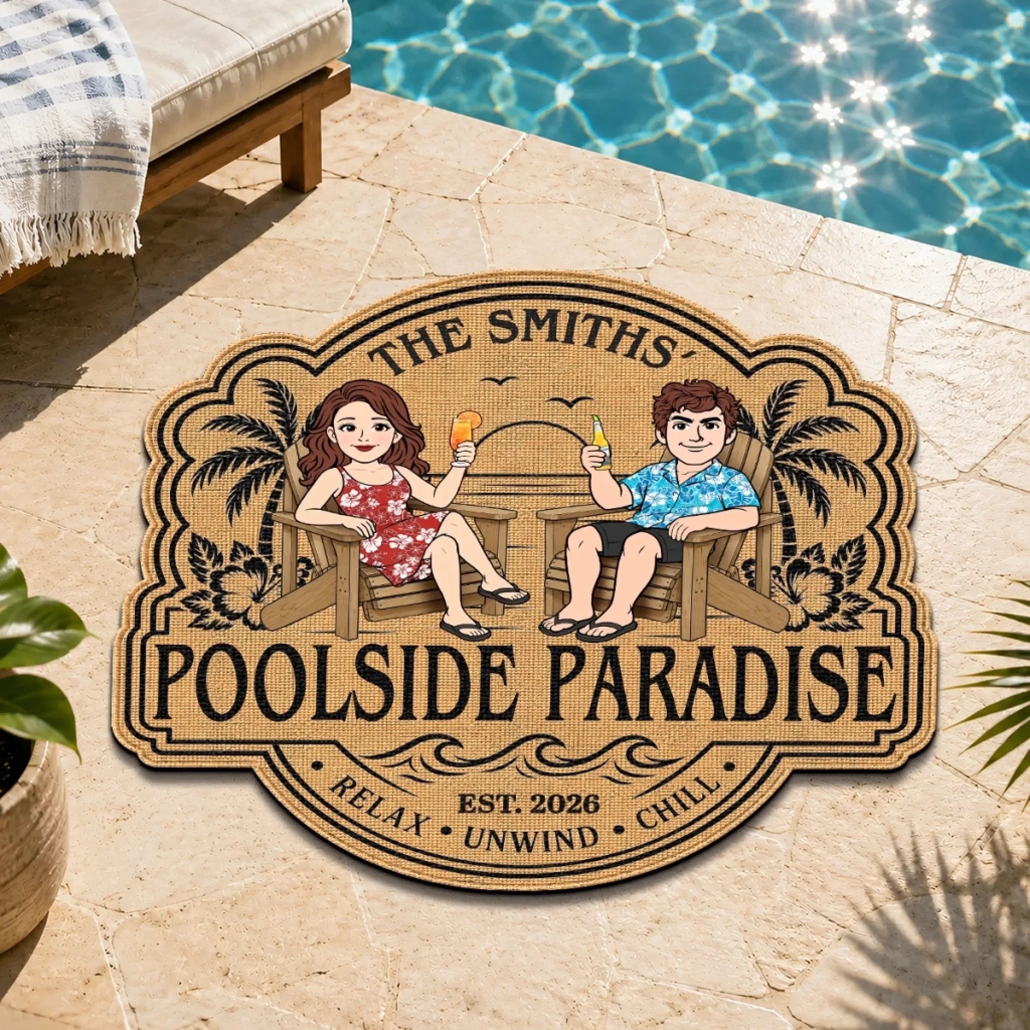 Custom Poolside Shaped Doormat - Personalized Summer Vacation And Travel Gifts For Husband And Wife, Him And Her - Chasing Pool Days Together