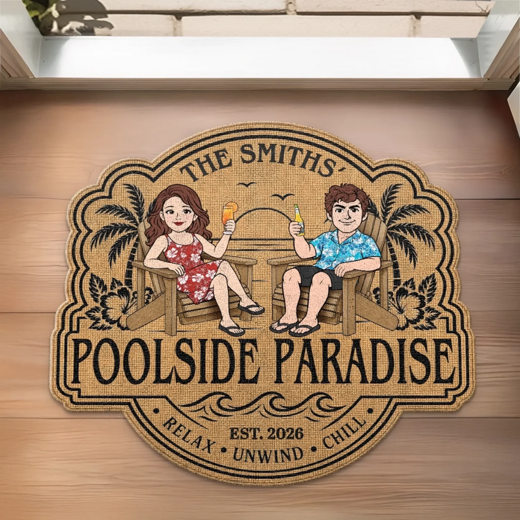 Custom Poolside Shaped Doormat - Personalized Summer Vacation And Travel Gifts For Husband And Wife, Him And Her - Chasing Pool Days Together