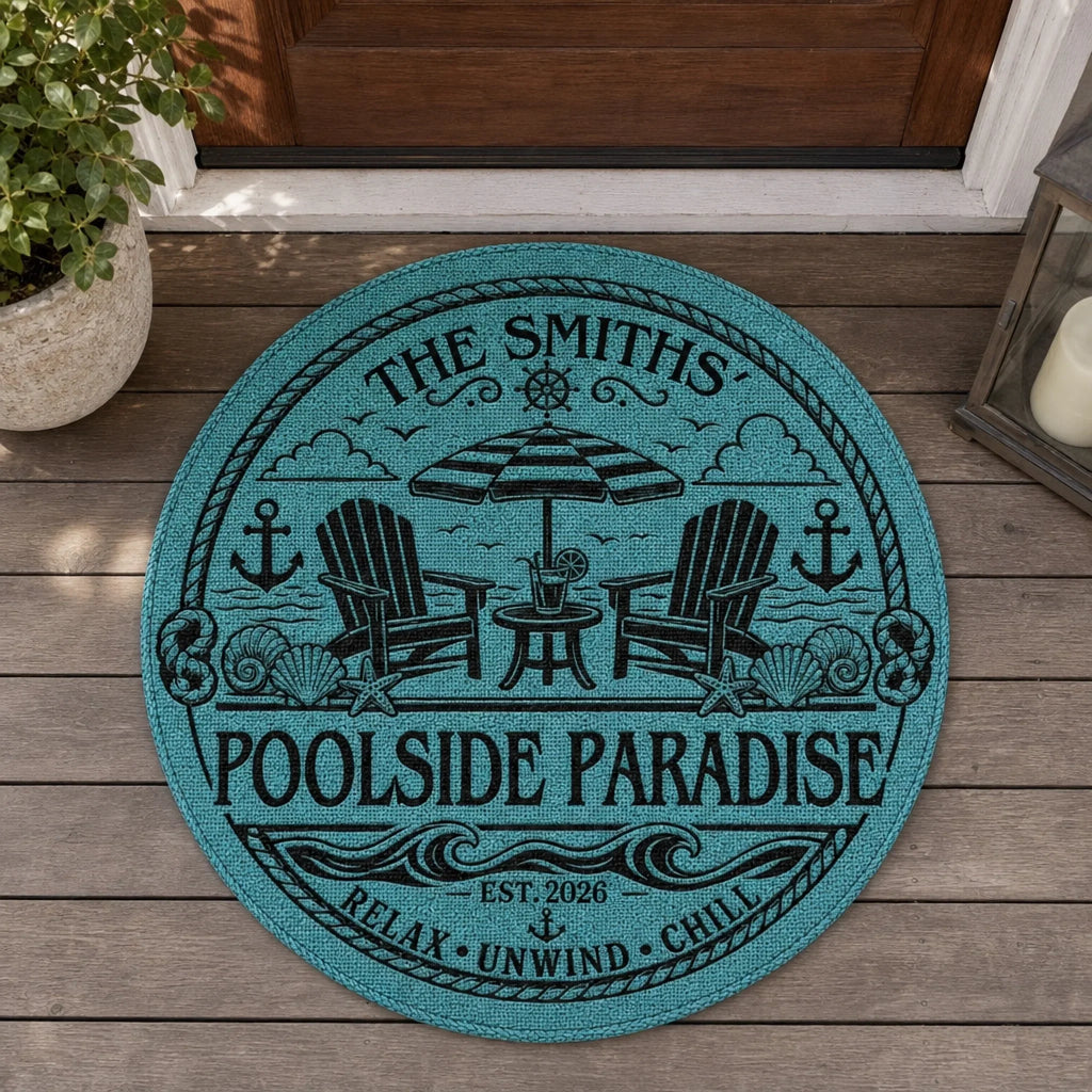 Custom Poolside Shaped Doormat - Personalized Summer Vacation And Travel Gifts For Mom, Dad, Brother, Sister, Kids - Sunshine Family Time