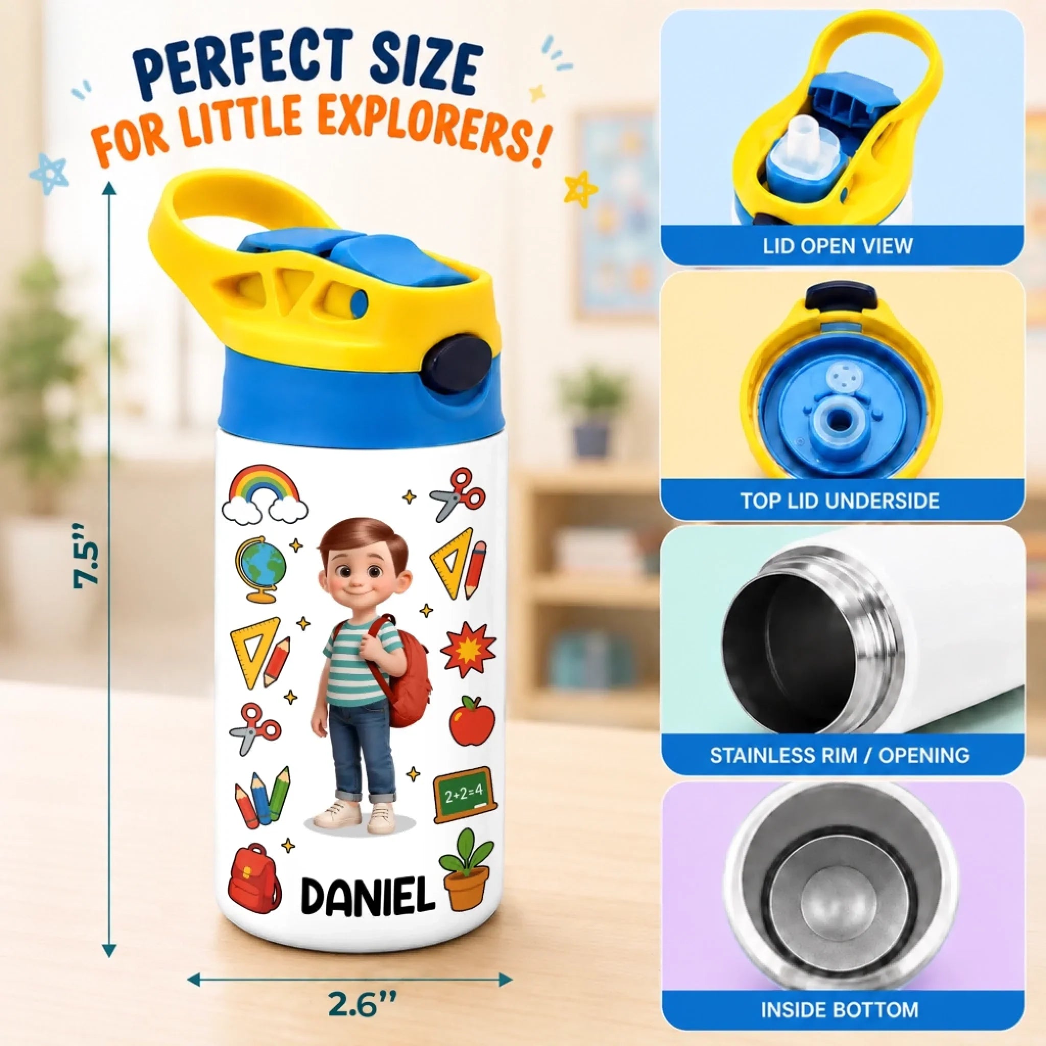 Custom Kids Insulated Water Bottle - Personalized Back To School Gifts For Kids - Happy Mind Happy Heart