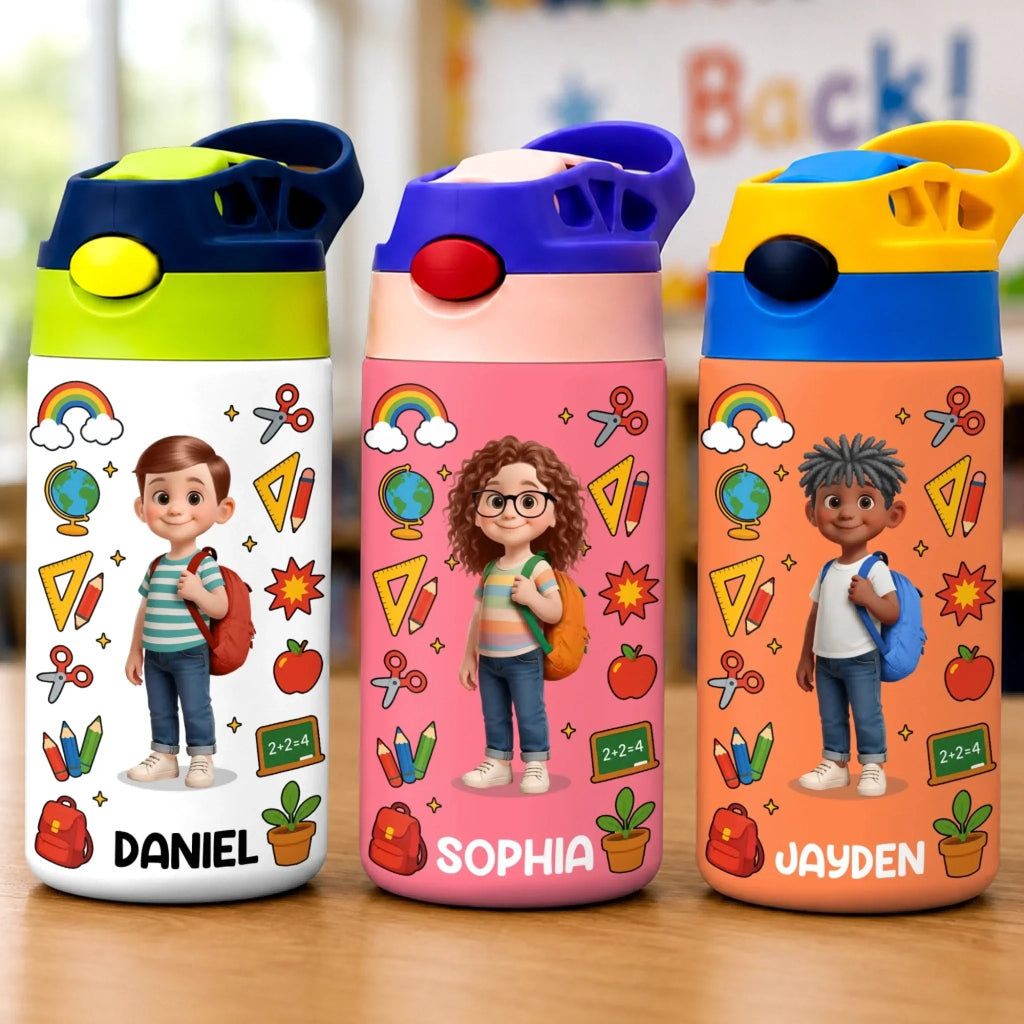 Custom Kids Insulated Water Bottle - Personalized Back To School Gifts For Kids - Happy Mind Happy Heart
