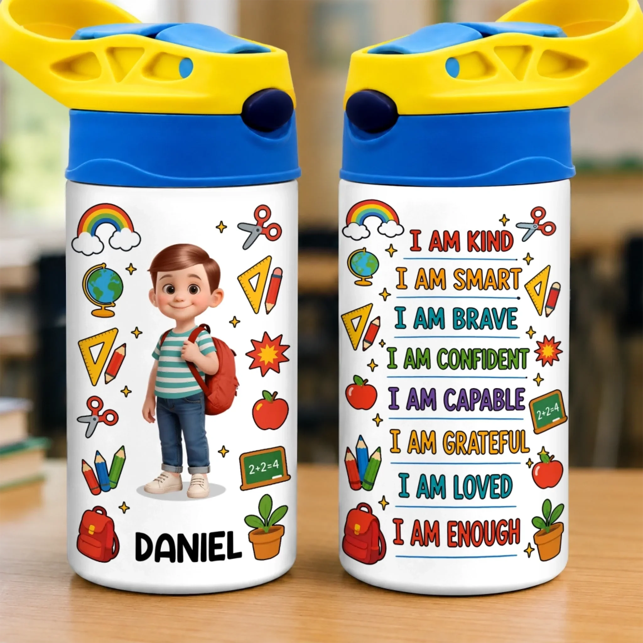 Custom Kids Insulated Water Bottle - Personalized Back To School Gifts For Kids - Happy Mind Happy Heart