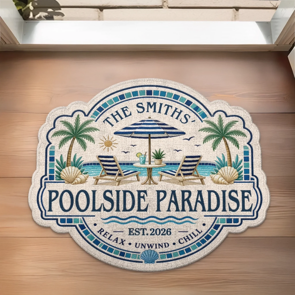 Custom Poolside Shaped Doormat - Personalized Summer Vacation And Travel Gifts For Mom, Dad, Brother, Sister - Welcome To Paradise