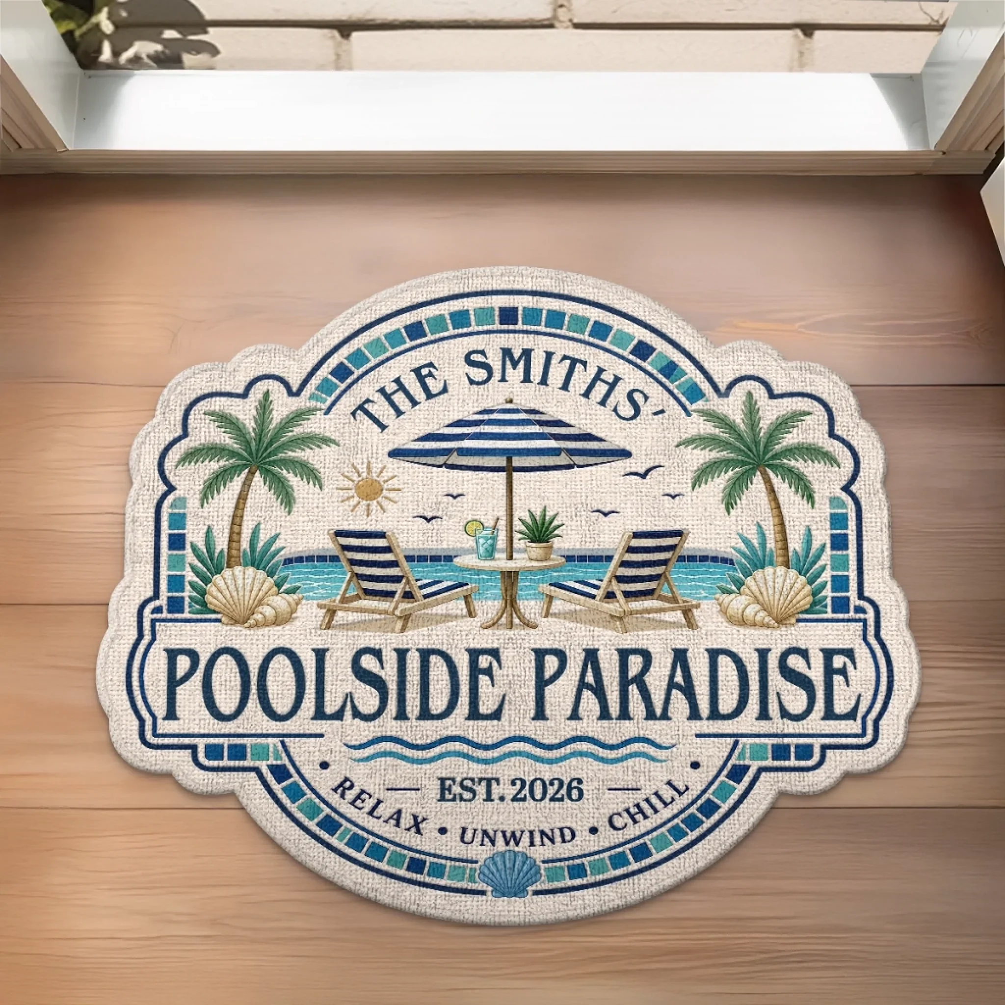 Custom Poolside Shaped Doormat - Personalized Summer Vacation And Travel Gifts For Mom, Dad, Brother, Sister - Welcome To Paradise