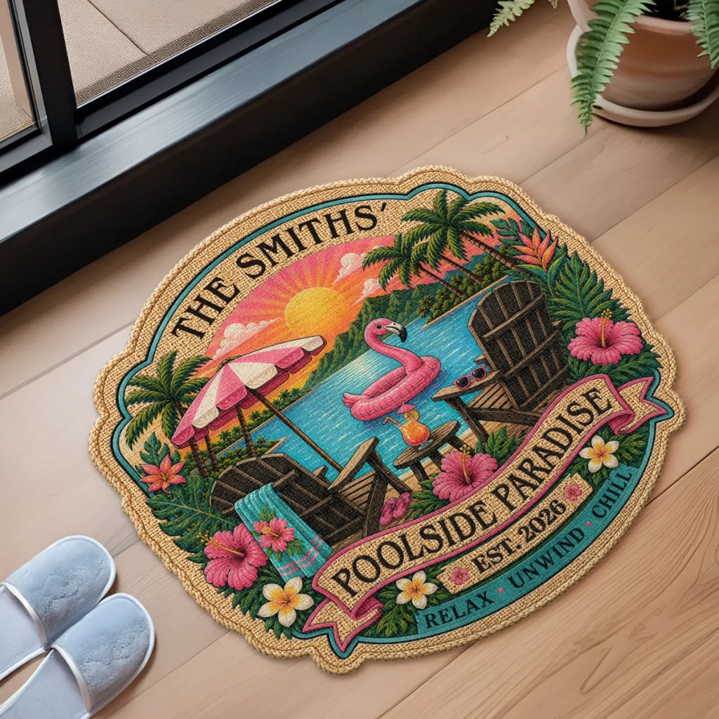Custom Poolside Shaped Doormat - Personalized Summer Vacation And Travel Gifts For Mom, Dad, Brother, Sister - Our Poolside Escape