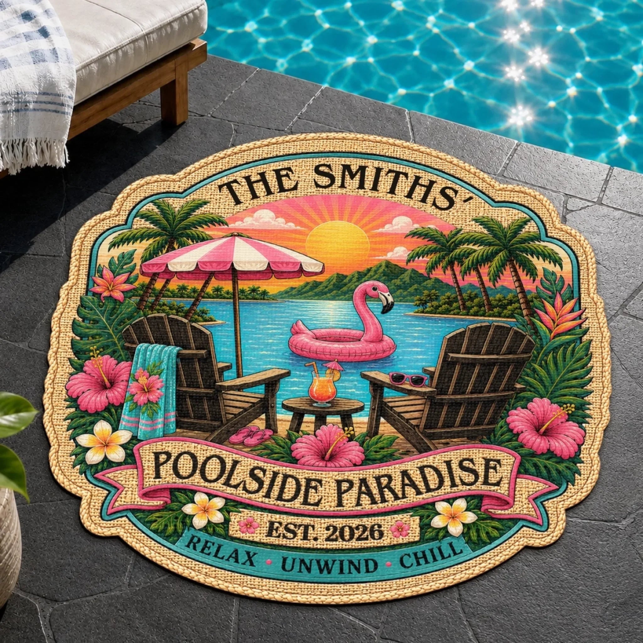 Custom Poolside Shaped Doormat - Personalized Summer Vacation And Travel Gifts For Mom, Dad, Brother, Sister - Our Poolside Escape