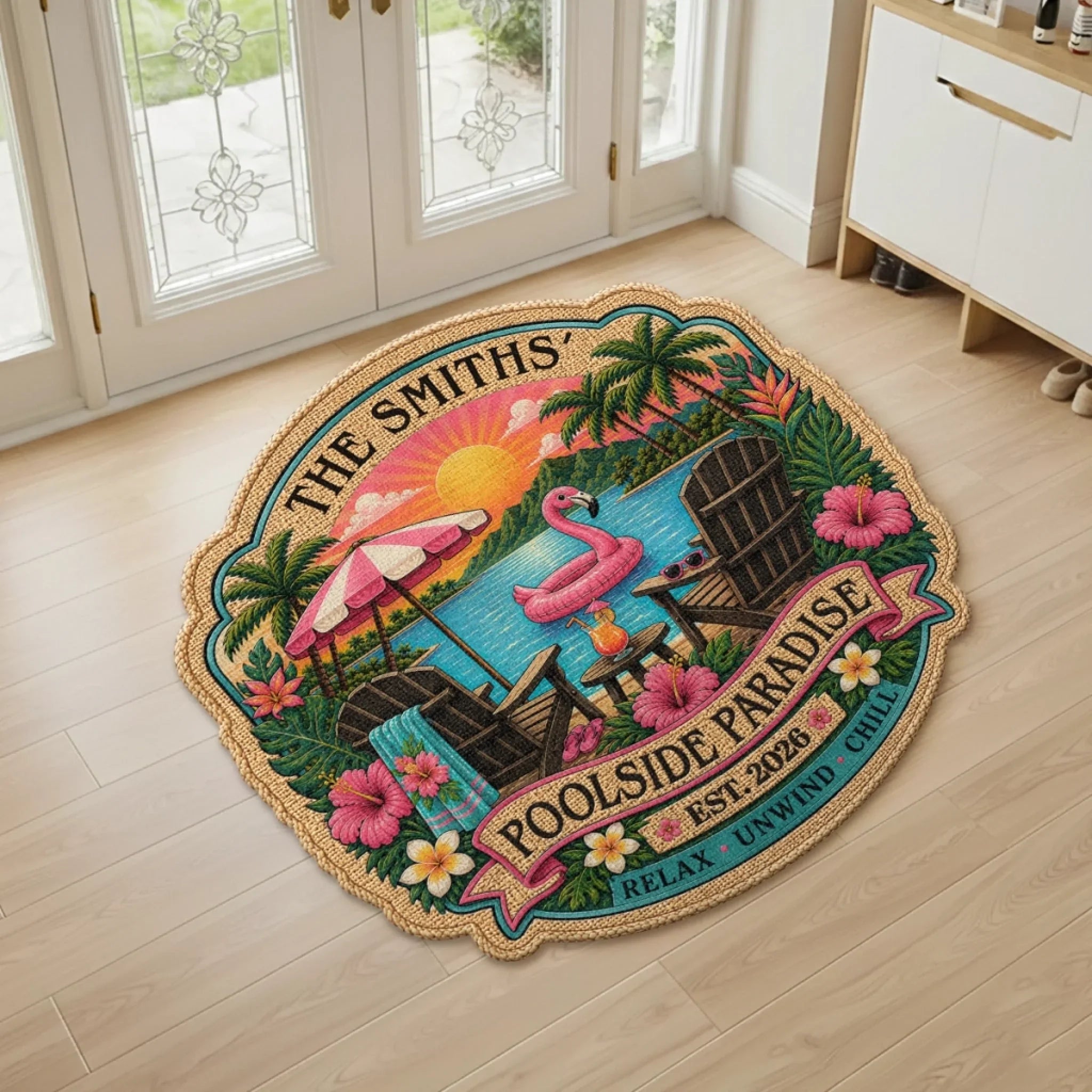 Custom Poolside Shaped Doormat - Personalized Summer Vacation And Travel Gifts For Mom, Dad, Brother, Sister - Our Poolside Escape