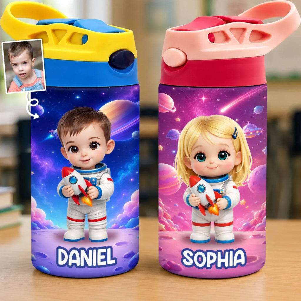 Custom Photo Kids Insulated Water Bottle - Personalized Back To School Gifts For Kids - Ready To Explore Space