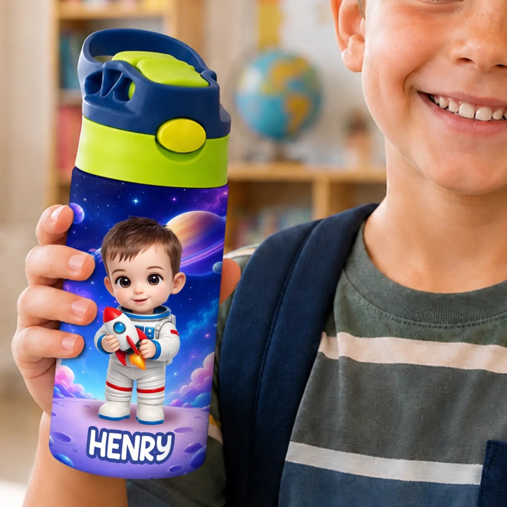 Custom Photo Kids Insulated Water Bottle - Personalized Back To School Gifts For Kids - Ready To Explore Space