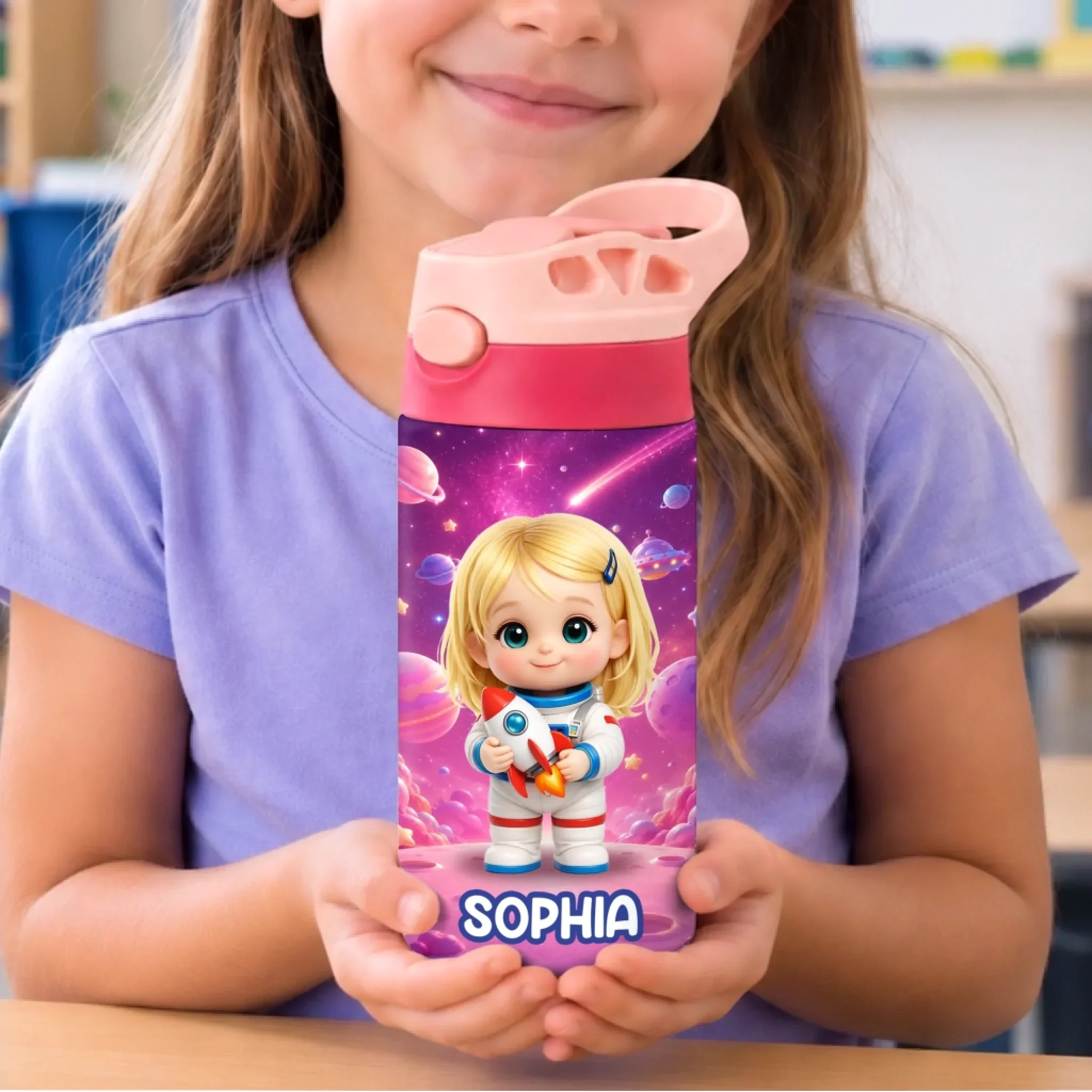 Custom Photo Kids Insulated Water Bottle - Personalized Back To School Gifts For Kids - Ready To Explore Space