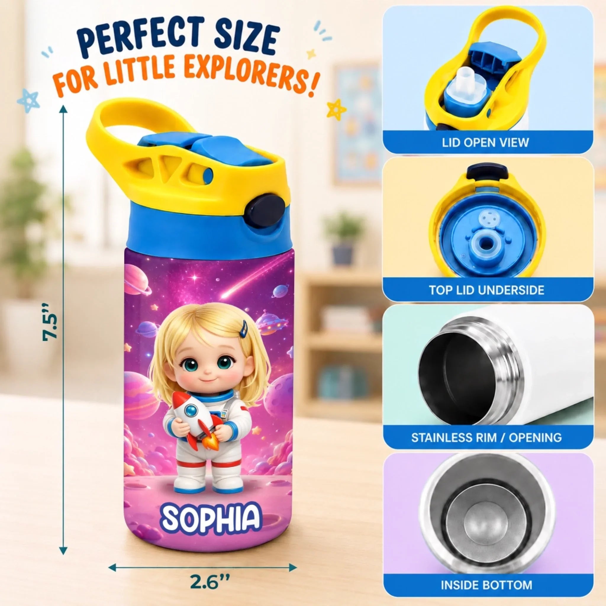 Custom Photo Kids Insulated Water Bottle - Personalized Back To School Gifts For Kids - Ready To Explore Space