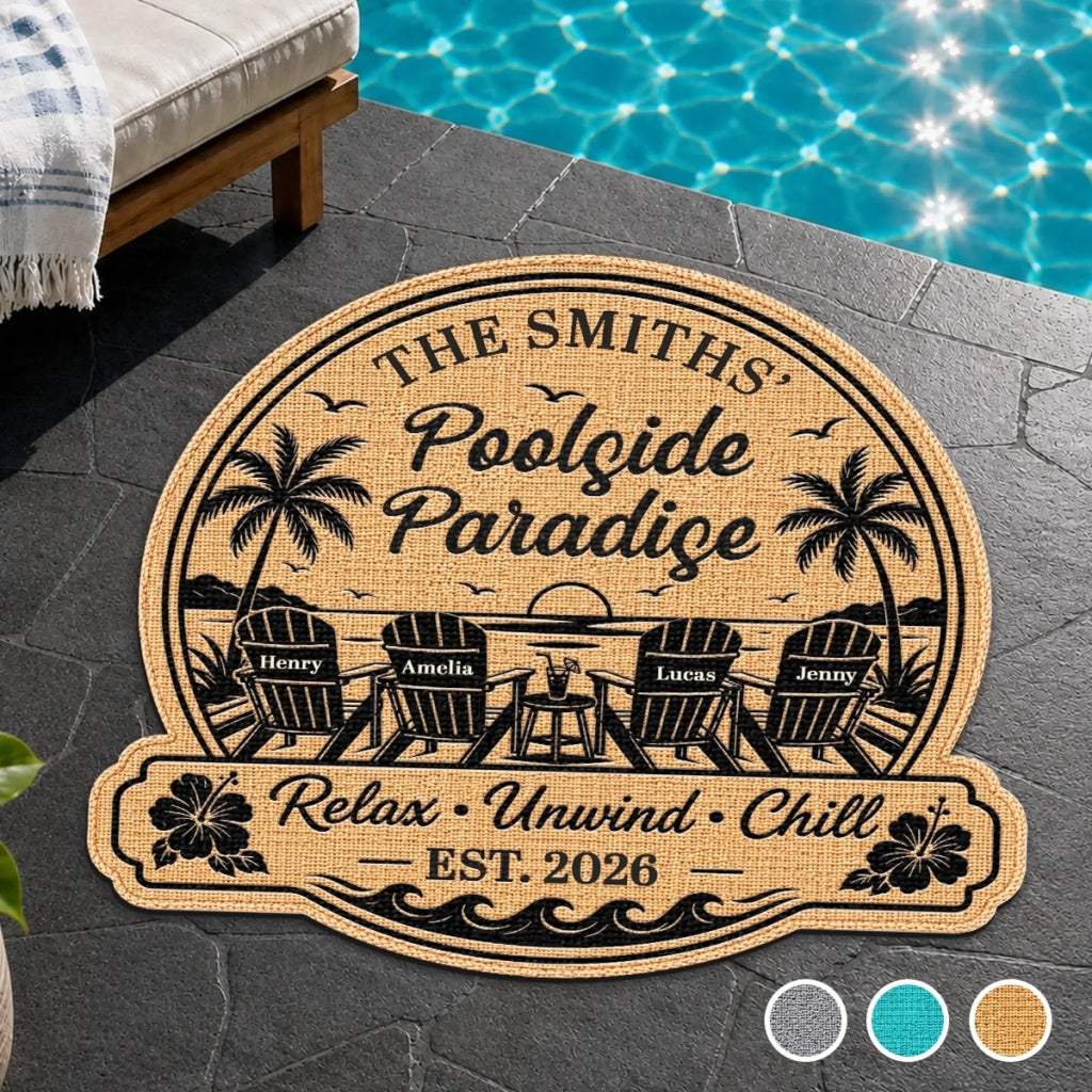 Custom Poolside Shaped Doormat - Personalized Summer Vacation And Travel Gifts For Mom, Dad, Brother, Sister - Our Happy Place