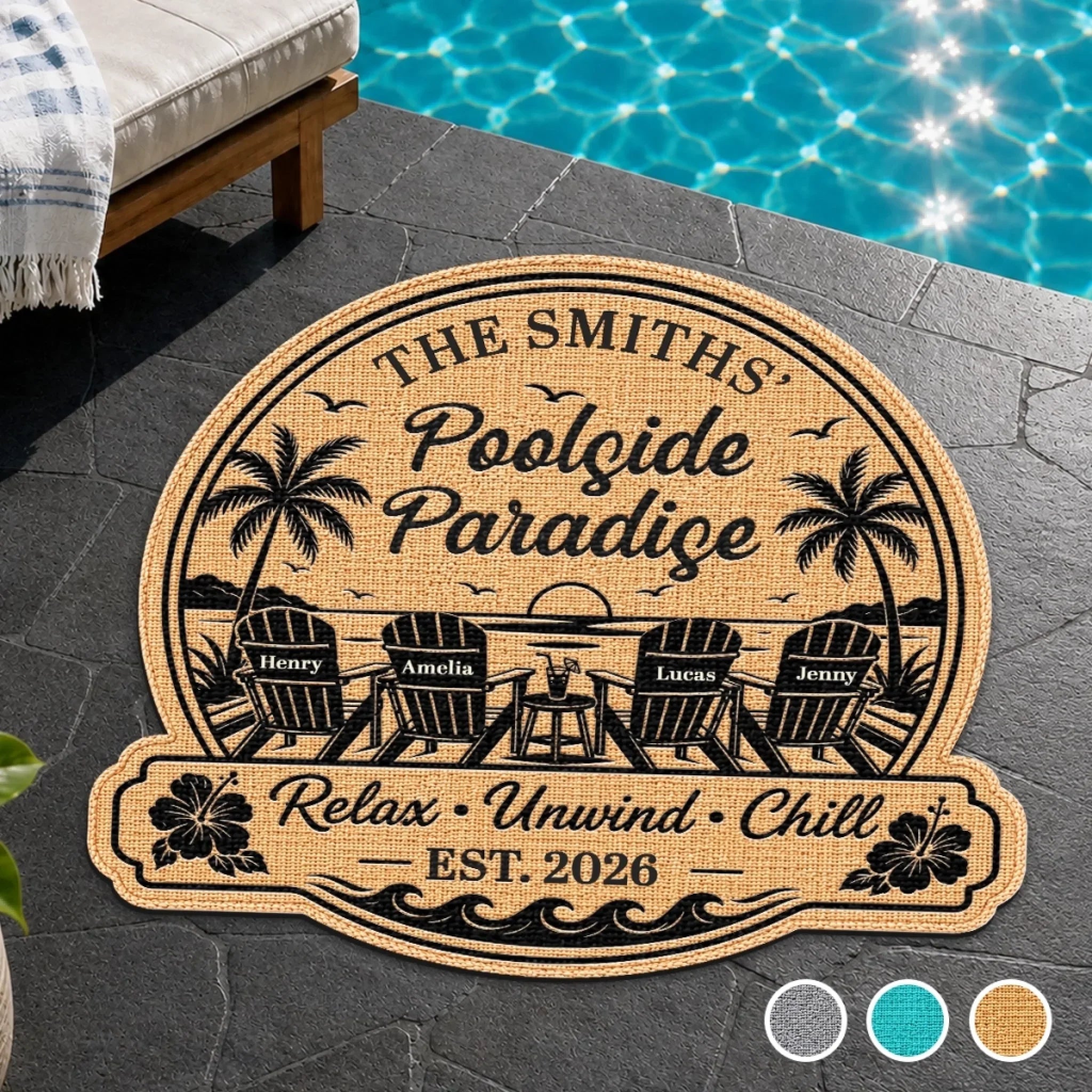 Custom Poolside Shaped Doormat - Personalized Summer Vacation And Travel Gifts For Mom, Dad, Brother, Sister - Our Happy Place