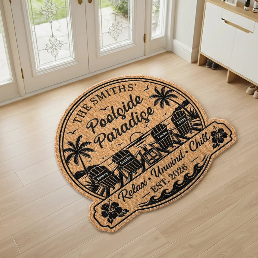 Custom Poolside Shaped Doormat - Personalized Summer Vacation And Travel Gifts For Mom, Dad, Brother, Sister - Our Happy Place