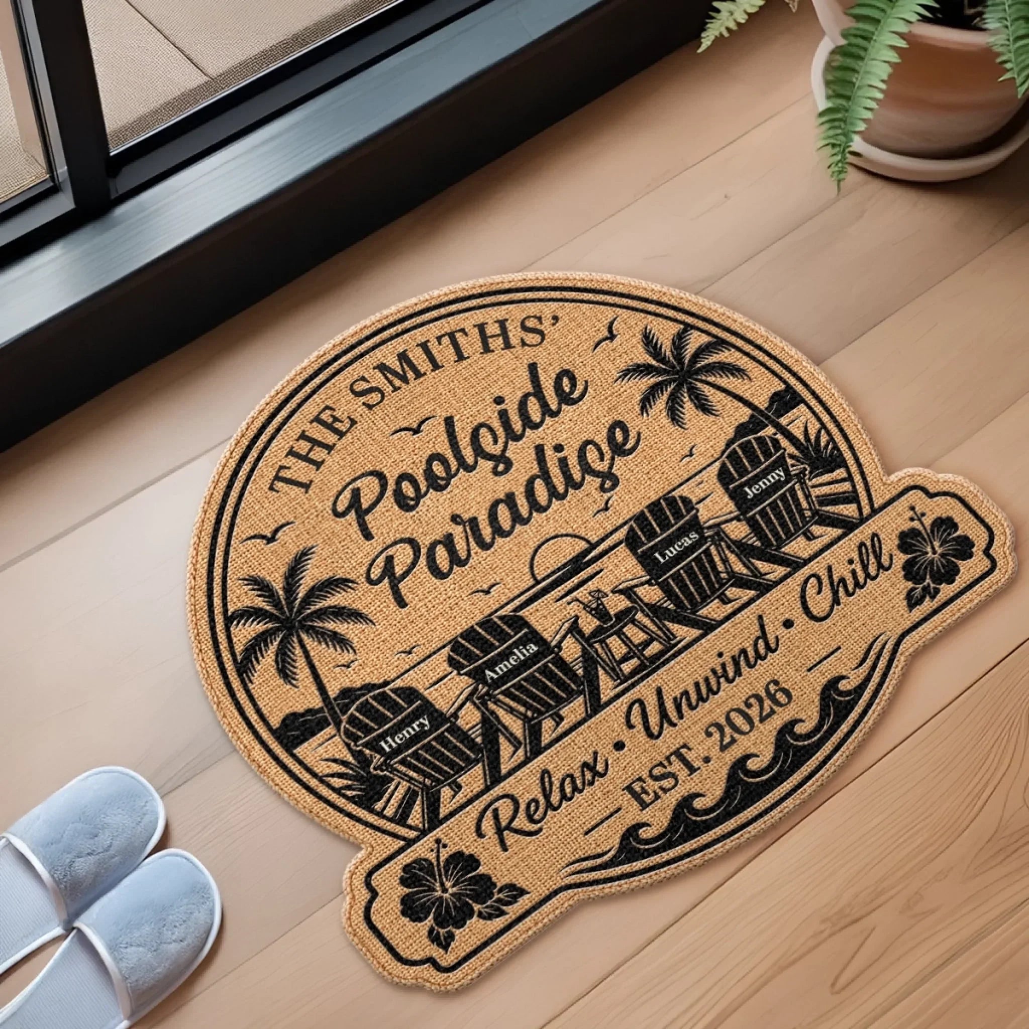 Custom Poolside Shaped Doormat - Personalized Summer Vacation And Travel Gifts For Mom, Dad, Brother, Sister - Our Happy Place