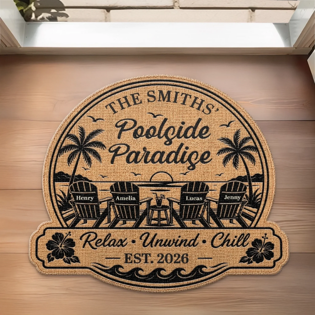 Custom Poolside Shaped Doormat - Personalized Summer Vacation And Travel Gifts For Mom, Dad, Brother, Sister - Our Happy Place