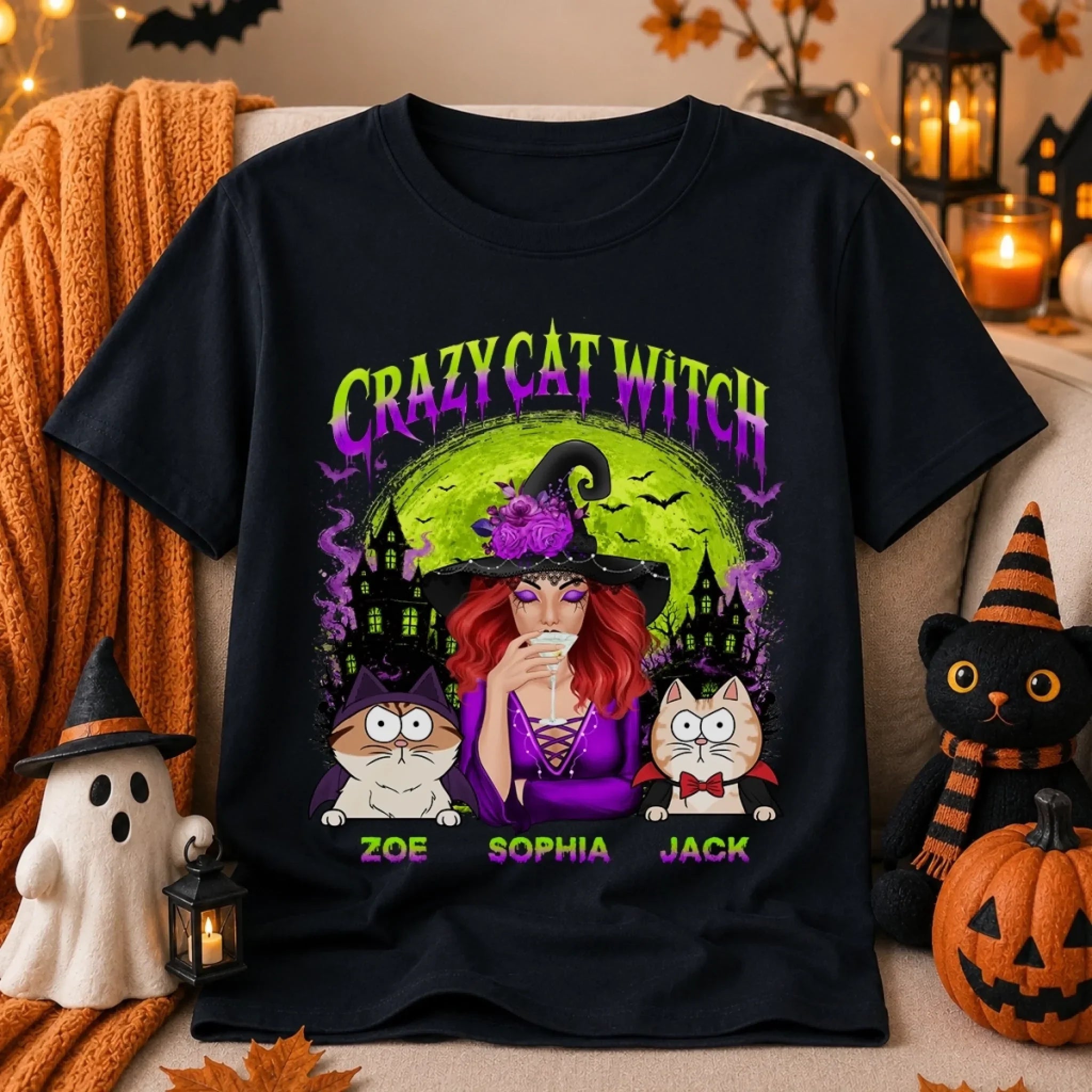 Custom Unisex T-shirt, Premium T-shirt, Hoodie - Personalized Halloween Witchy Gifts For Cat Lovers, Cat Mom And Dad - Meet My Spooky Fur Babies