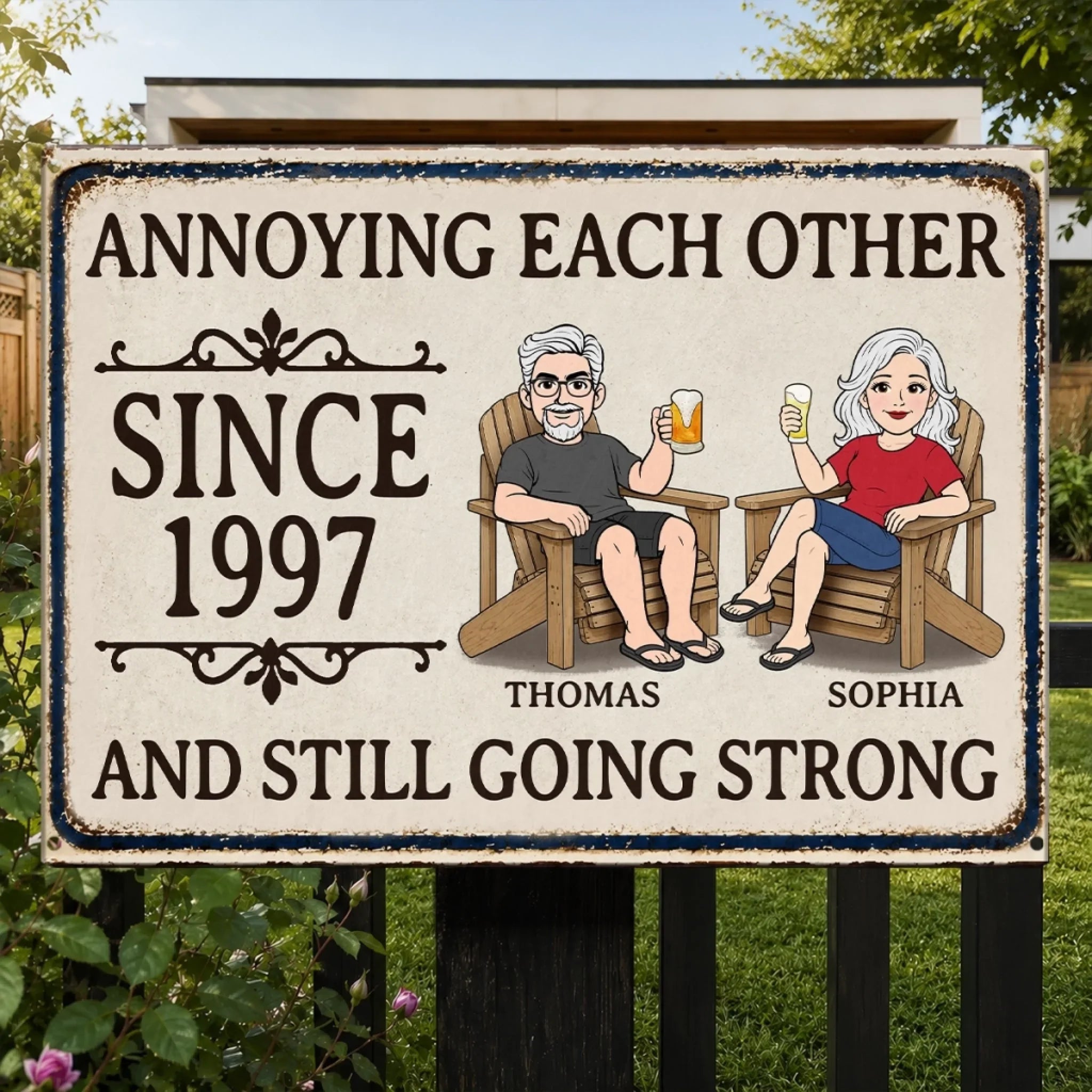 Custom Home Decor Metal Sign - Personalized Summer Vacation And Travel Gifts For Husband And Wife, Him And Her - Decades Of Love And Bickering