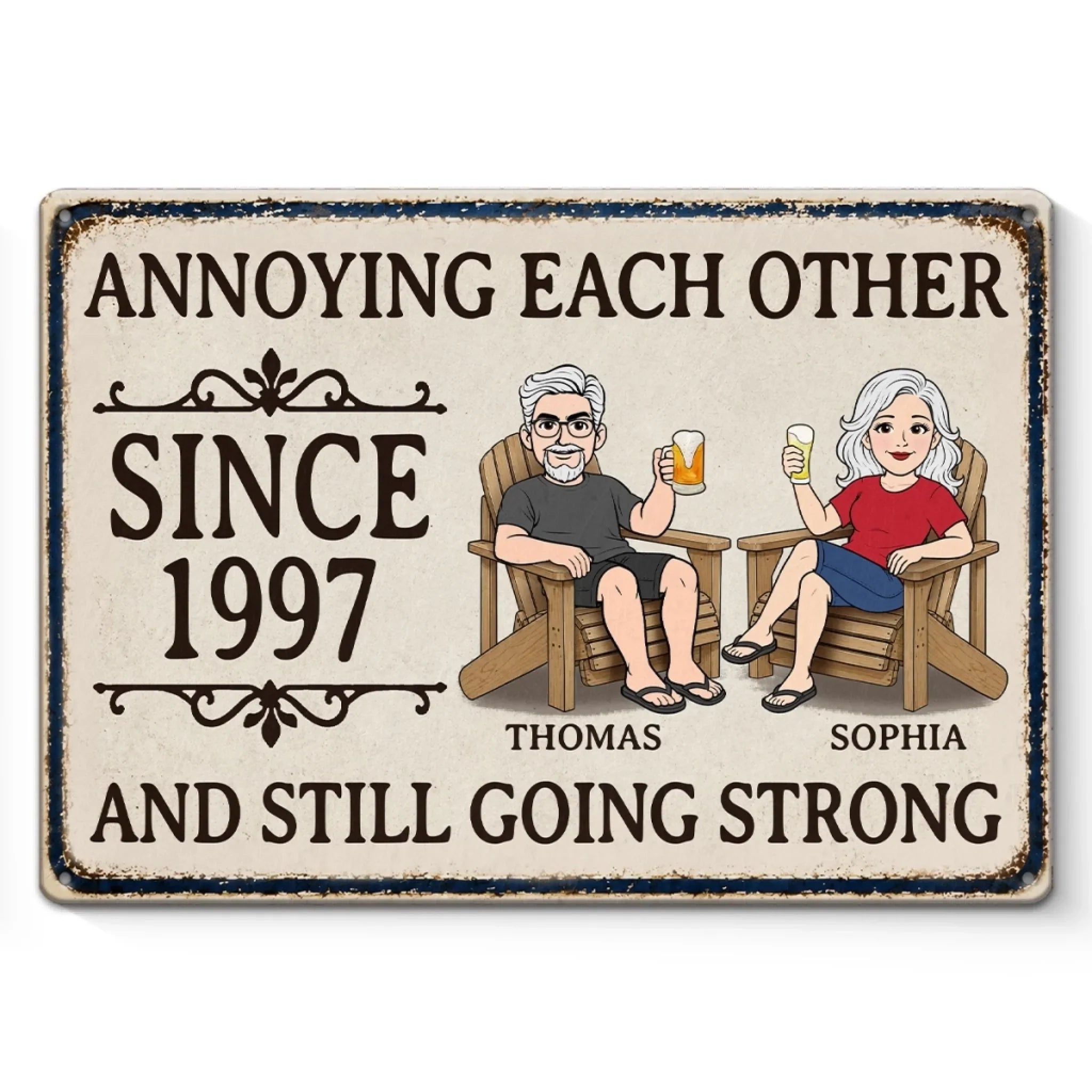 Custom Home Decor Metal Sign - Personalized Summer Vacation And Travel Gifts For Husband And Wife, Him And Her - Decades Of Love And Bickering