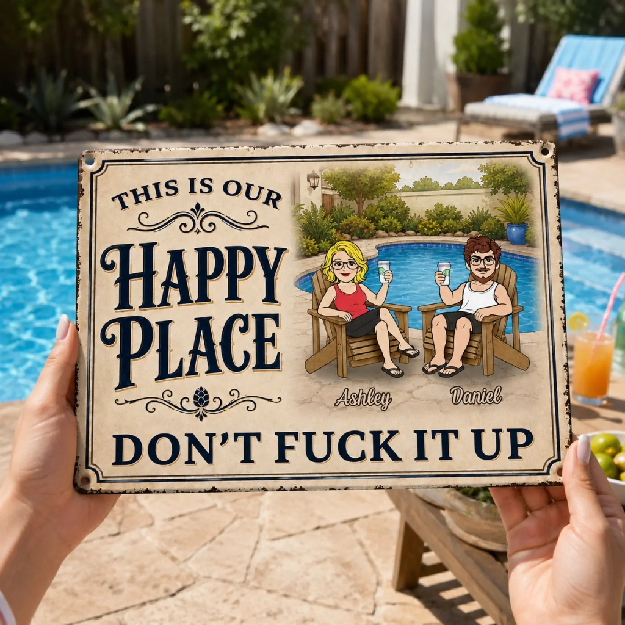Custom Home Decor Metal Sign - Personalized Summer Vacation And Travel Gifts For Husband And Wife, Him And Her - Sunshine, Splashes & Good Times