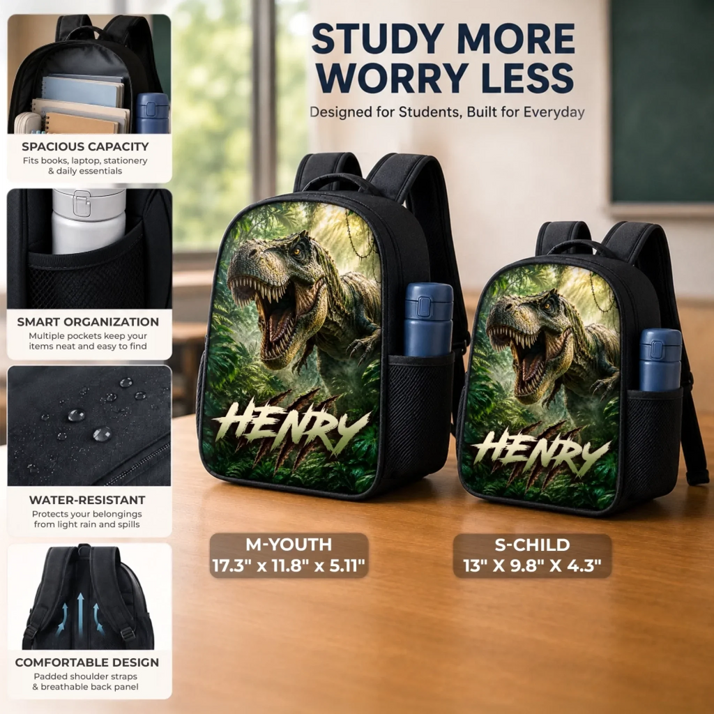 Custom Kids Front Printed Backpack - Personalized Back To School Gifts For Kids - Dino School Crew