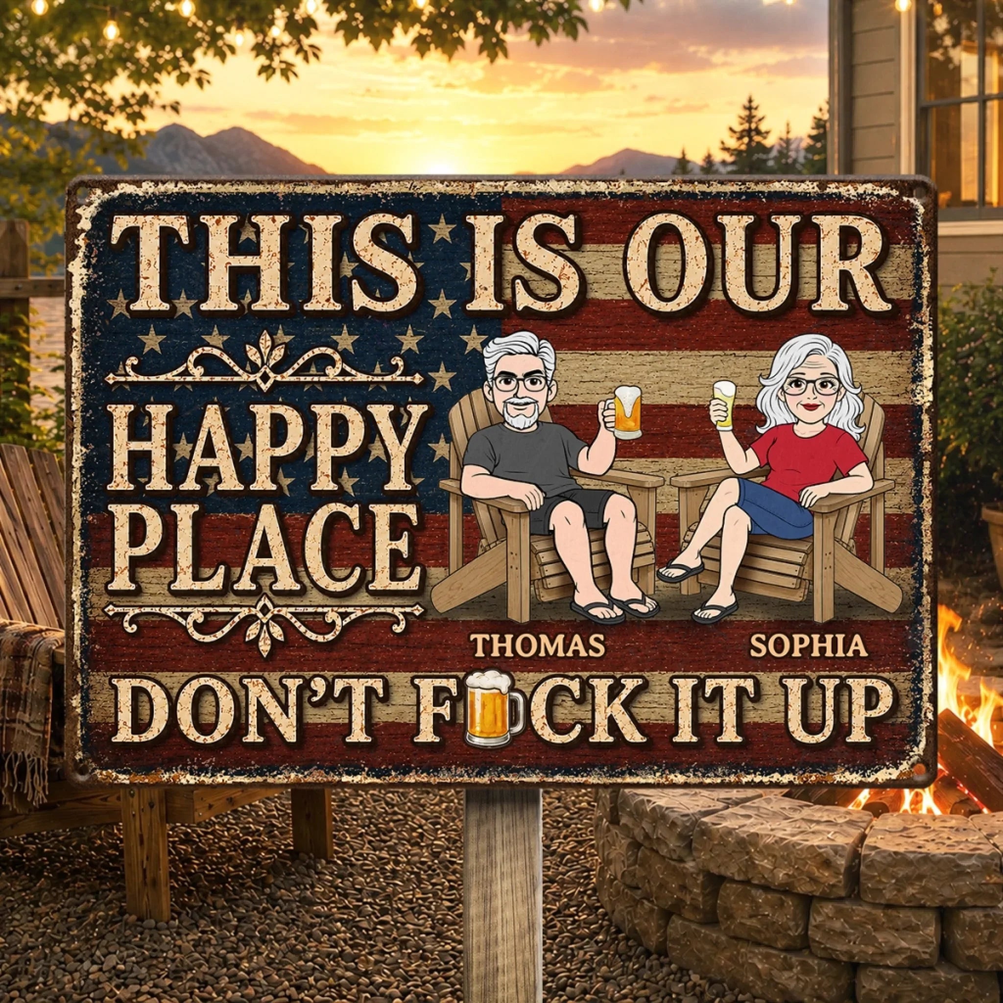 Custom Home Decor Metal Sign - Personalized Summer Vacation And Travel Gifts For Husband And Wife, Him And Her - Our Patriotic Happy Place